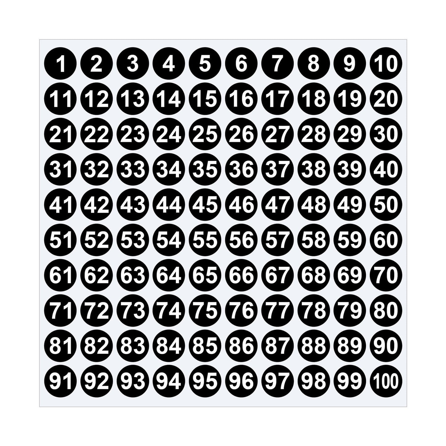 Sheet of 1-100 round number stickers in multiple colors.