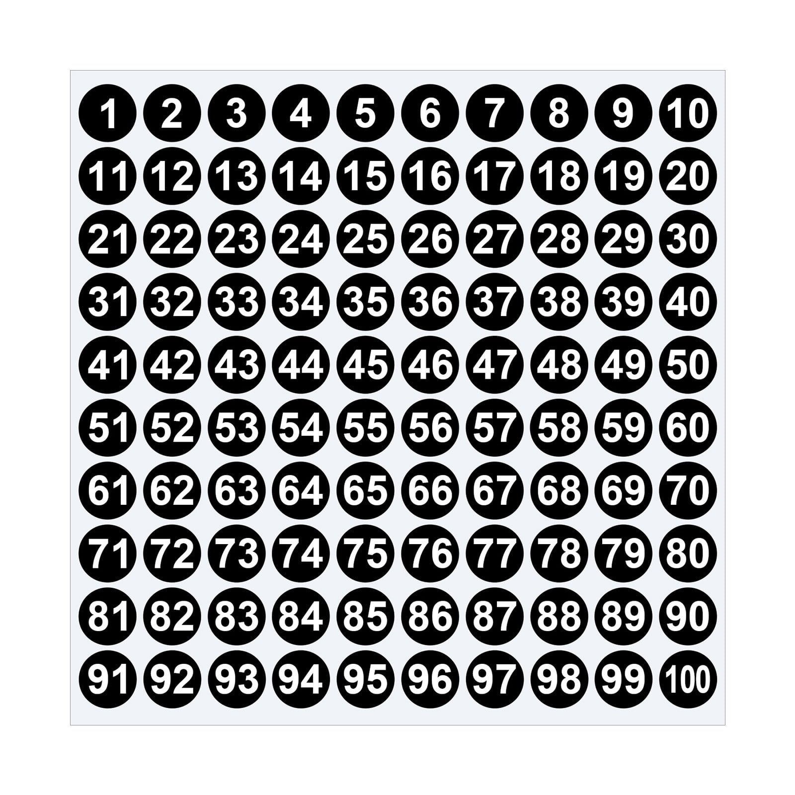 Sheet of 1-100 round number stickers in multiple colors.