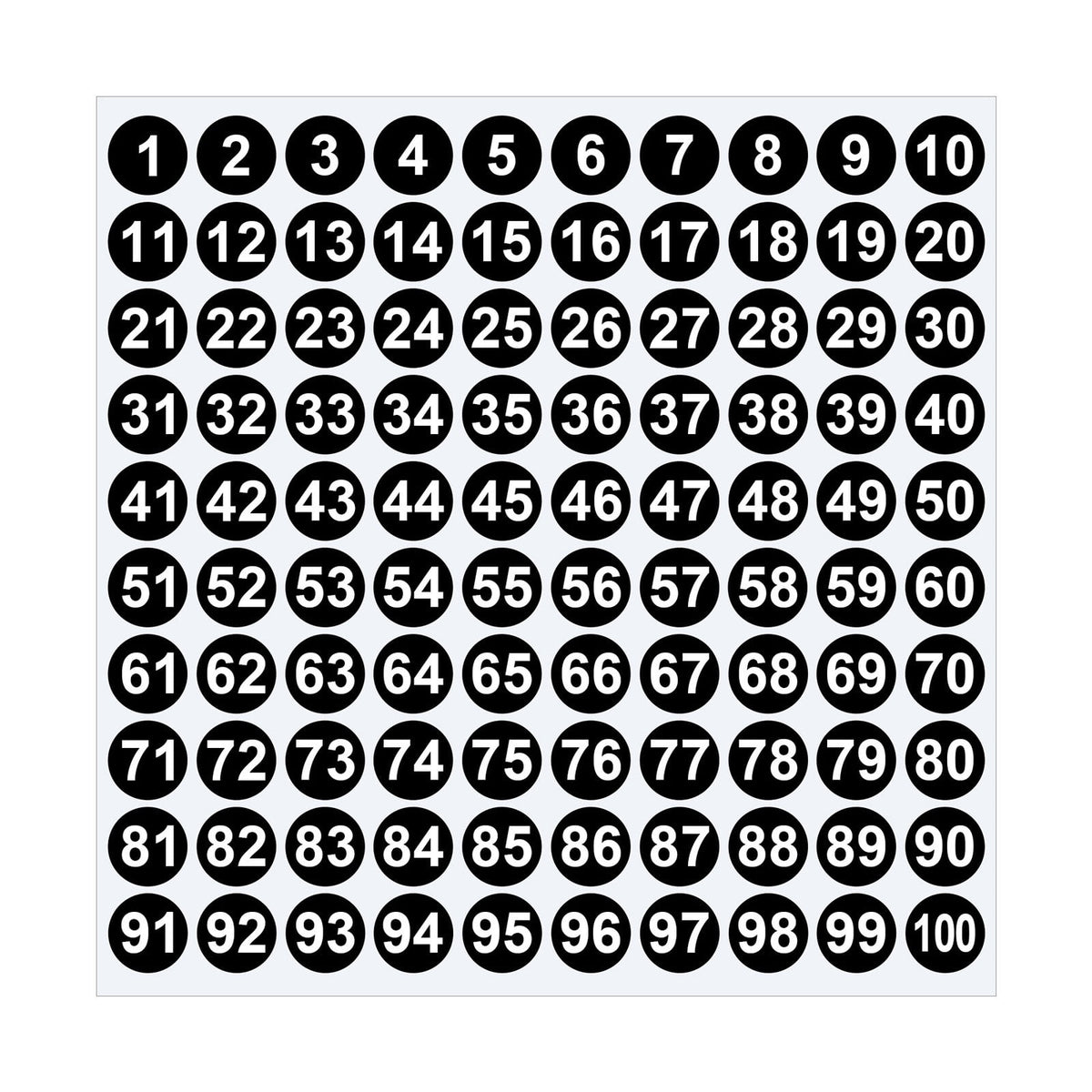 Sheet of 1-100 round number stickers in multiple colors.