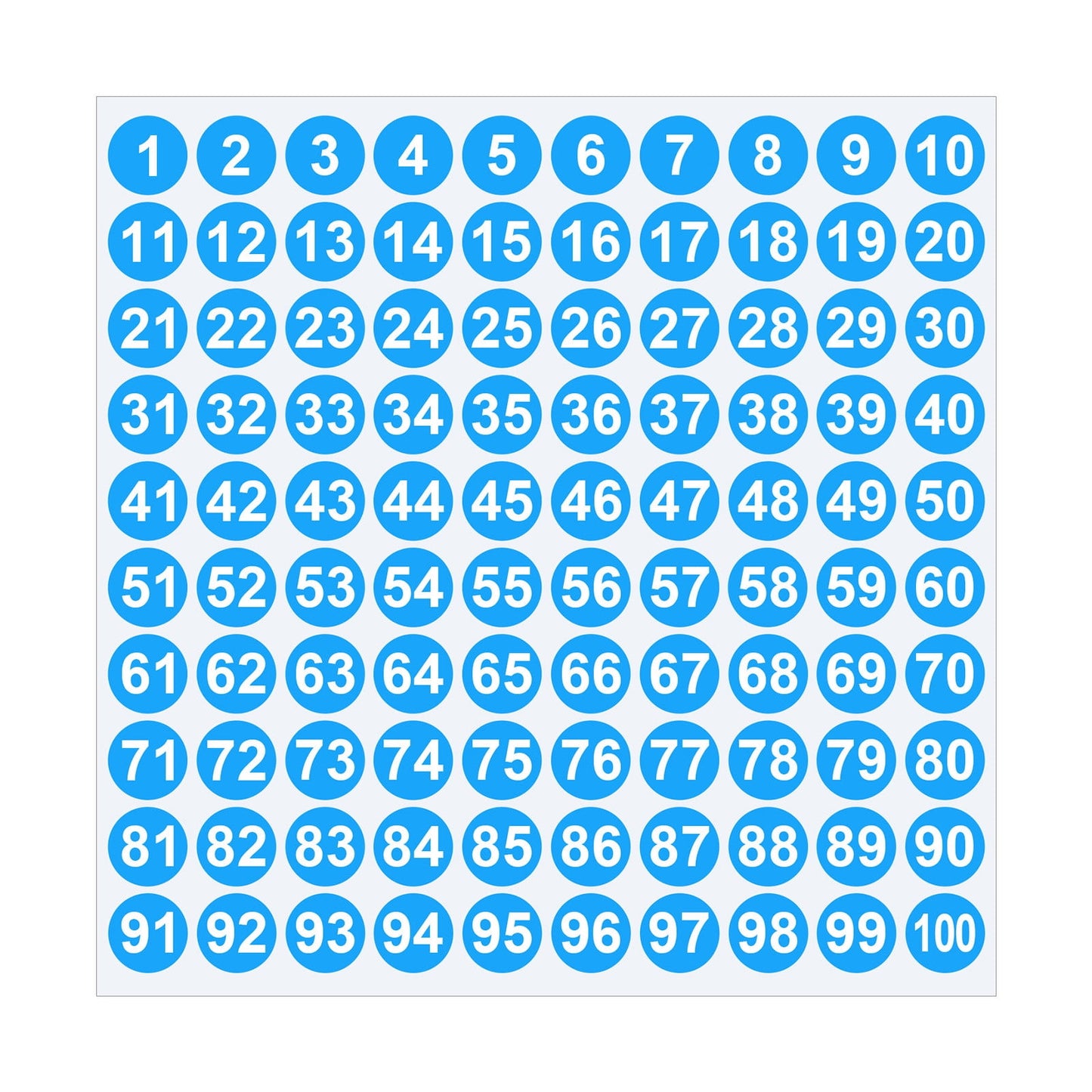 Sheet of 1-100 blue 1-inch round number stickers.