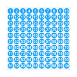 Sheet of 1-100 blue 1-inch round number stickers.
