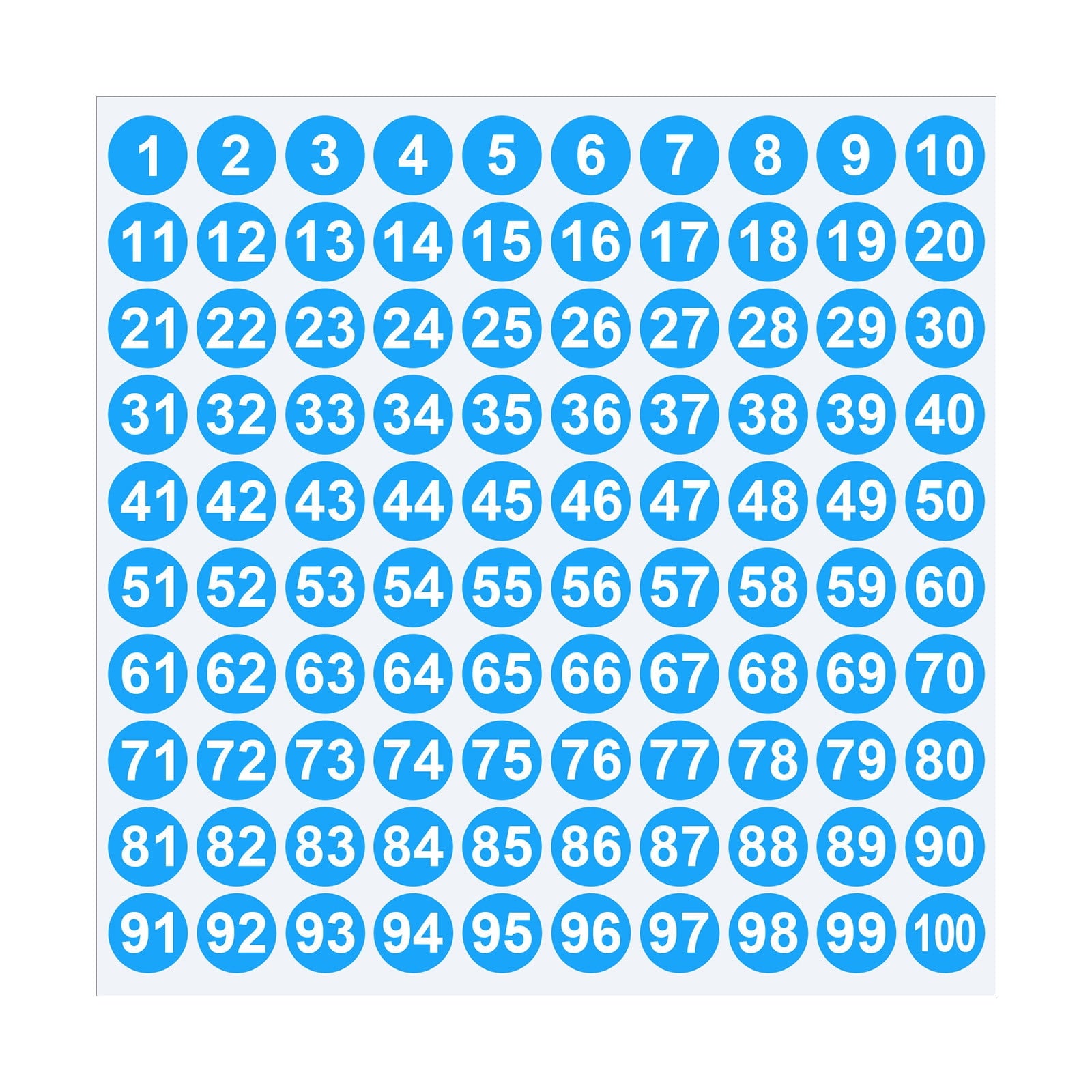 Sheet of 1-100 blue 1-inch round number stickers.