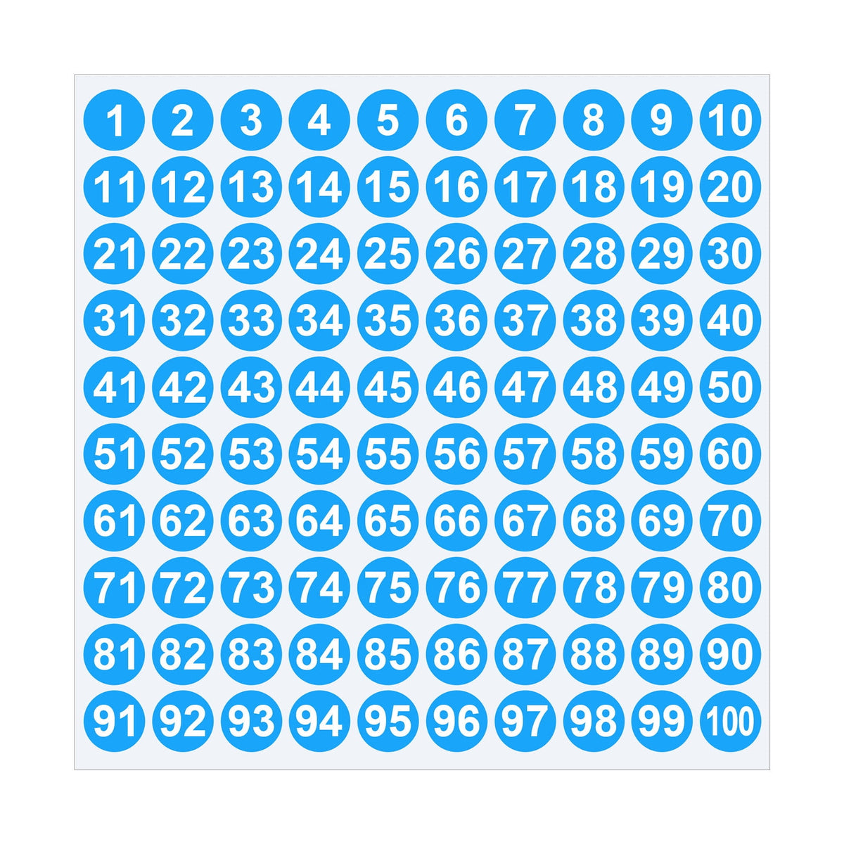 Sheet of 1-100 blue 1-inch round number stickers.