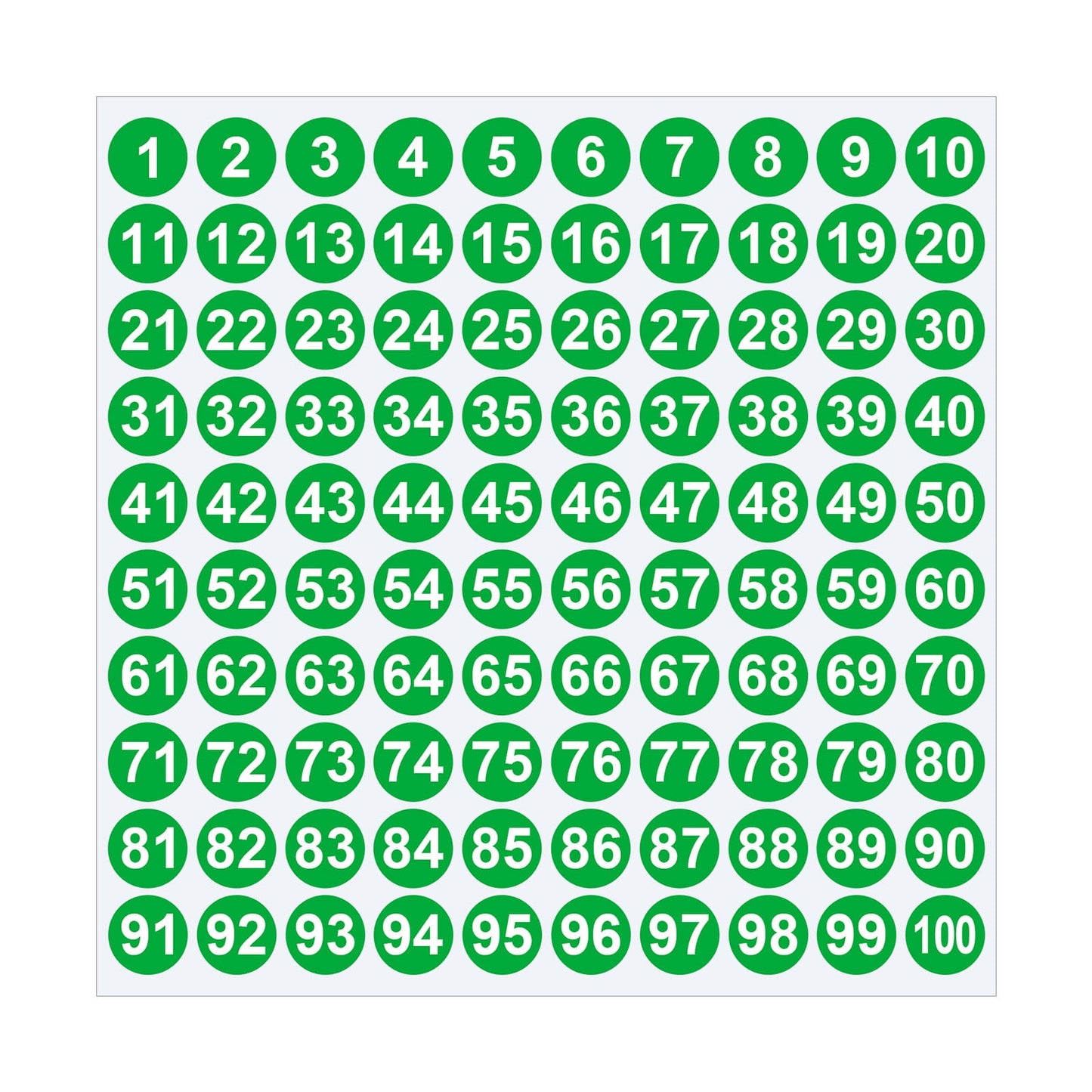 Sheet of 1-100 round number stickers in multiple colors.