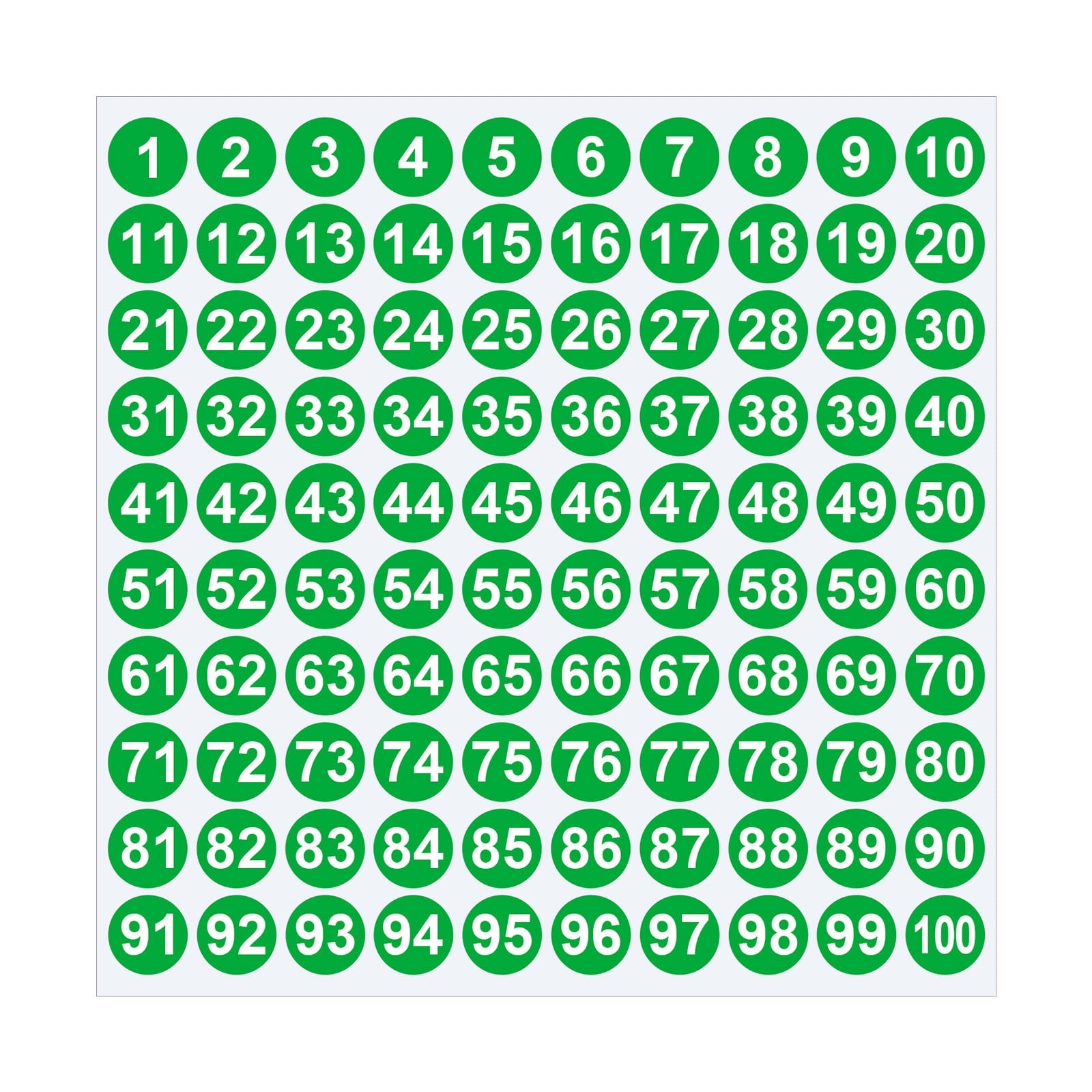 Sheet of 1-100 round number stickers in multiple colors.