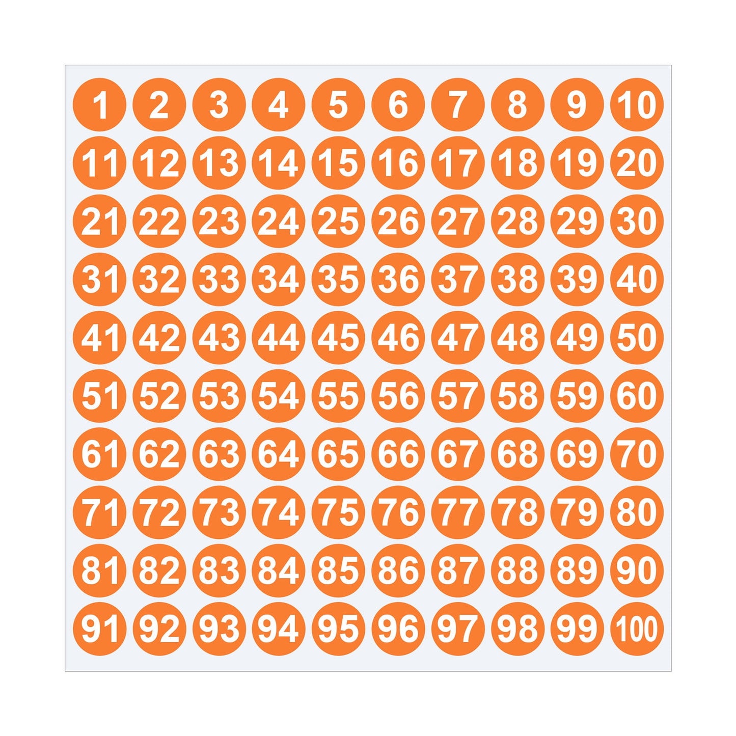 Sheet of 1-100 round orange number stickers