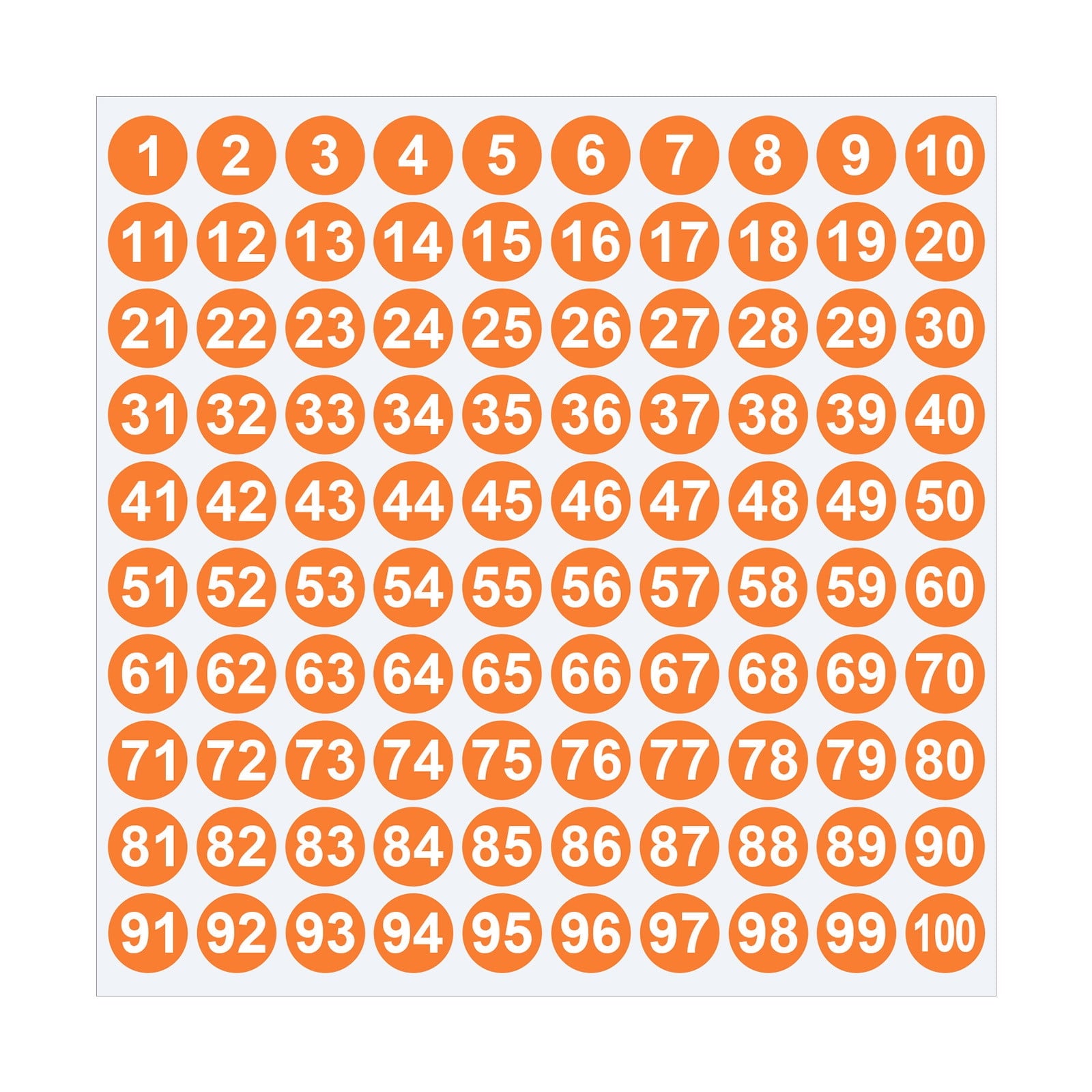 Sheet of 1-100 round orange number stickers