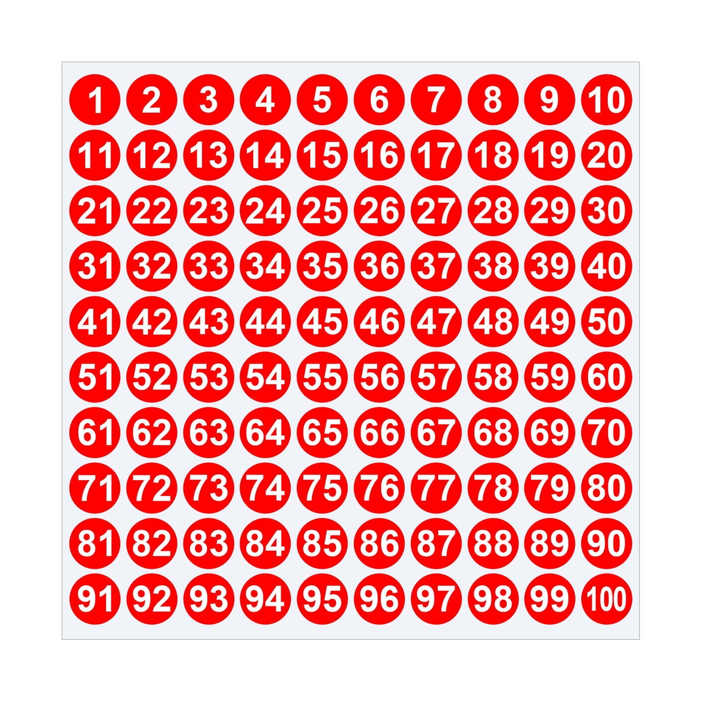 Sheet of 1-100 round number stickers in multiple colors.