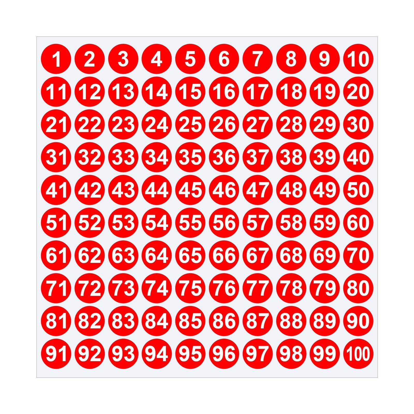 Sheet of 1-100 round number stickers in multiple colors.
