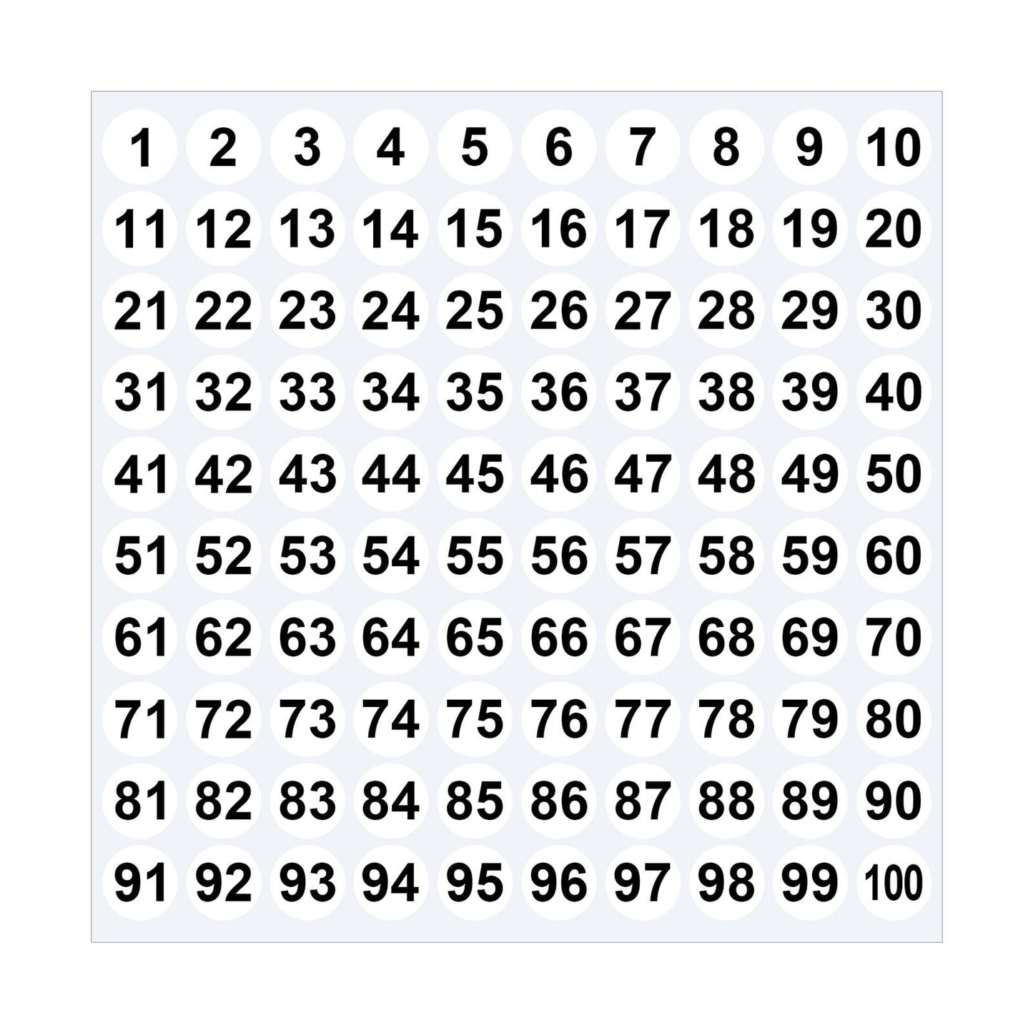 Sheet of 1-100 round number stickers in multiple colors.