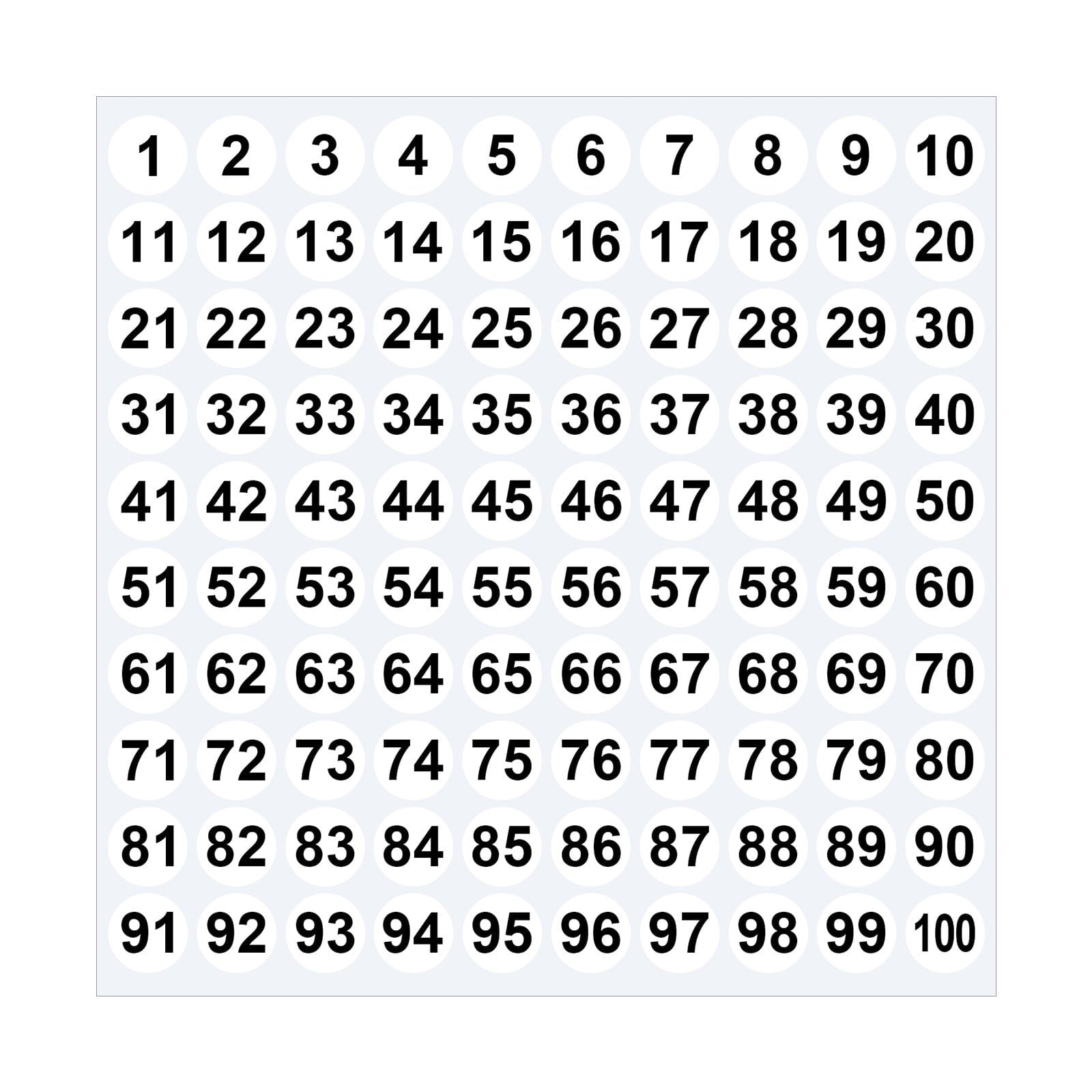 Sheet of 1-100 round number stickers in multiple colors.
