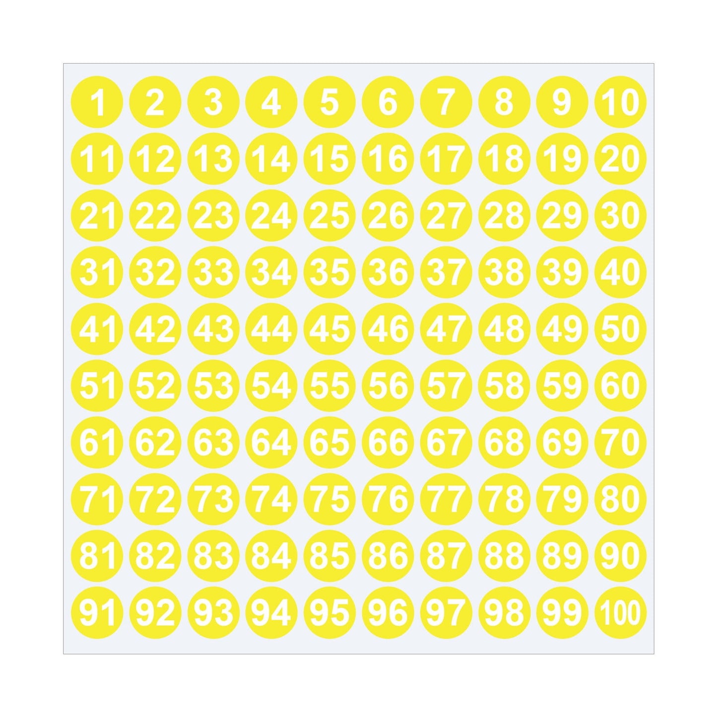 Sheet of 1-100 round number stickers in multiple colors.