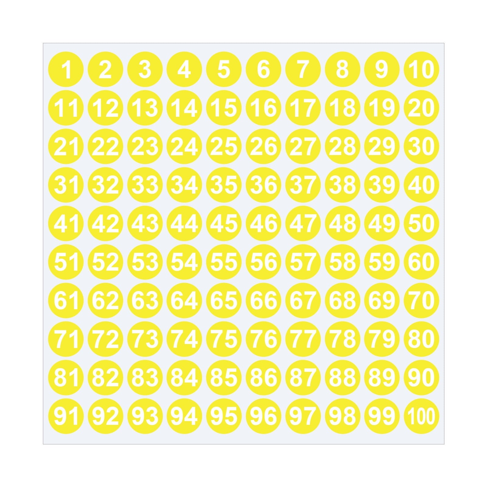 Sheet of 1-100 round number stickers in multiple colors.