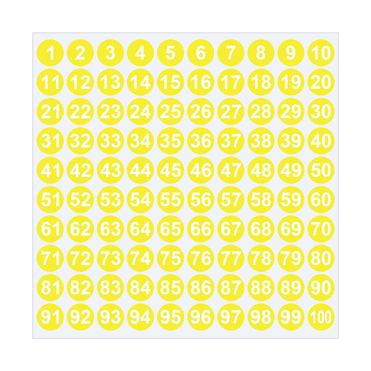 Sheet of 1-100 round number stickers in multiple colors.