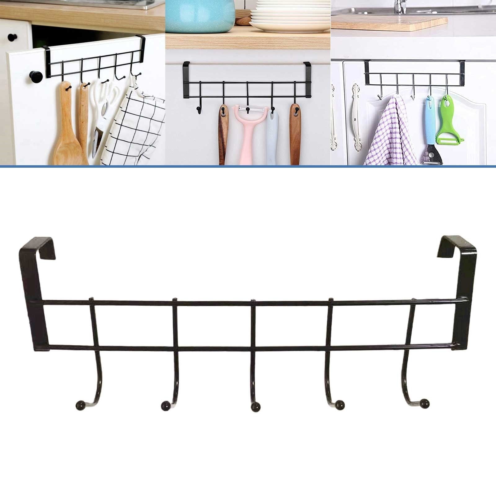 Over The Door Hook for Doors up to 1.4\'\' Thickness, Stainless Steel Over Door Hanger with 5 Hooks, Door Coat Rack for Entryway & Bathroom Hanging Coats, Backpack, Robes, Towels, 1 Pcs, 9.05x3.54 9.05" x 3.54" Black