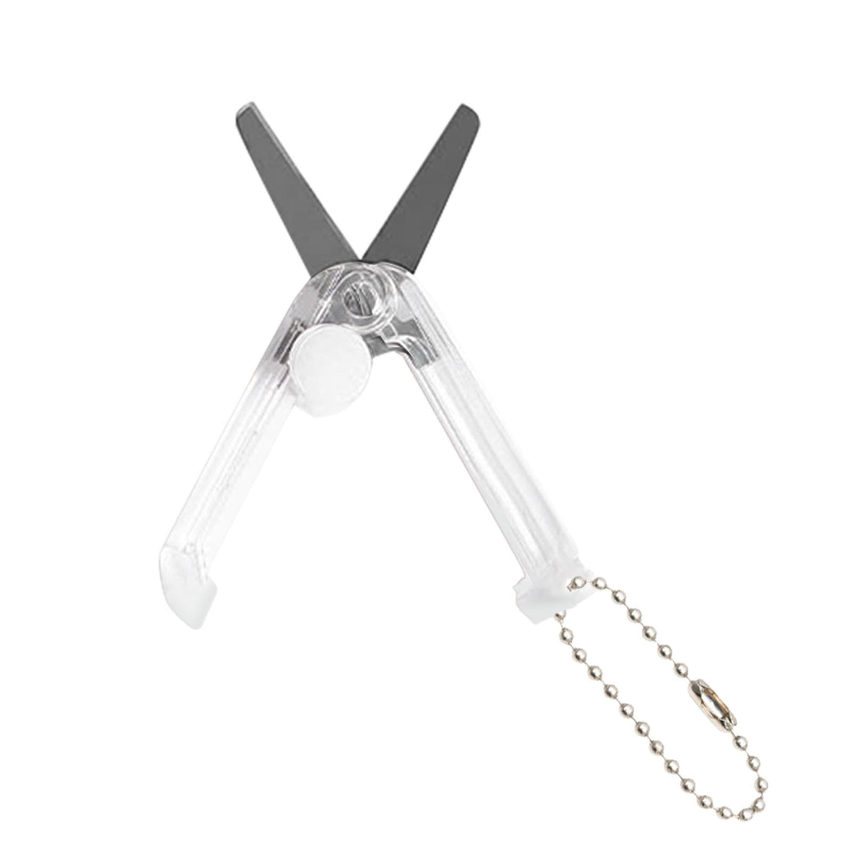 Mini folding scissors with keychain attached, stainless steel blades.