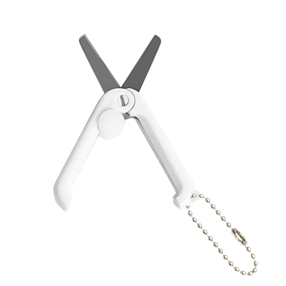 Mini folding scissors with keychain, stainless steel blades.
