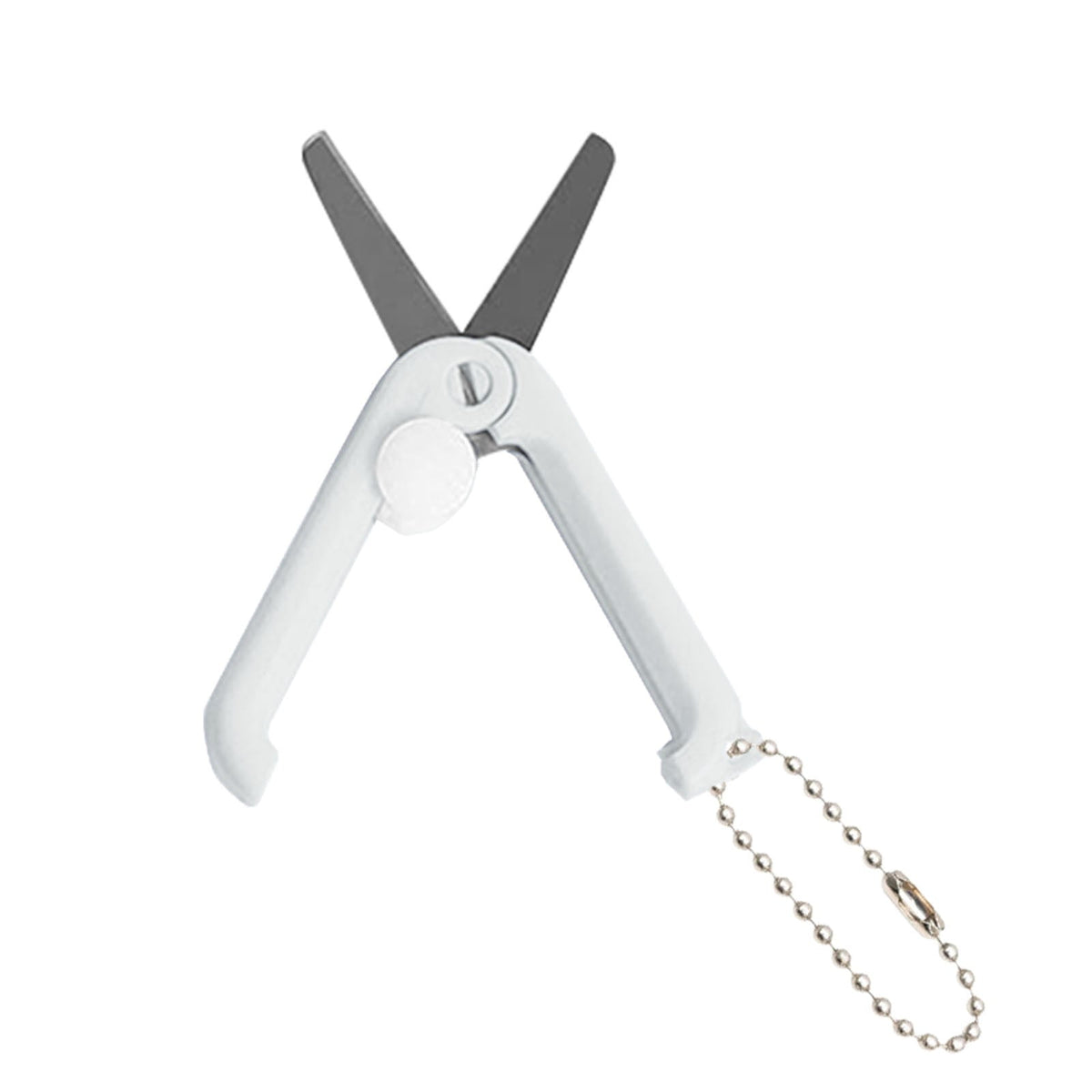 Mini folding scissors with keychain, stainless steel blades.