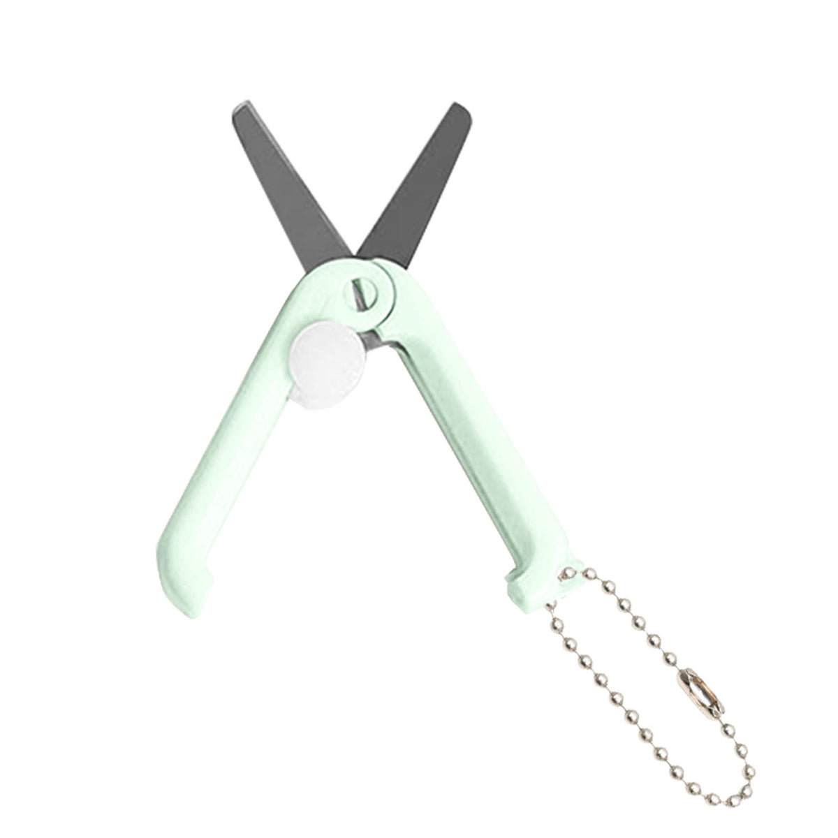 Mini folding scissors with keychain, stainless steel blades.