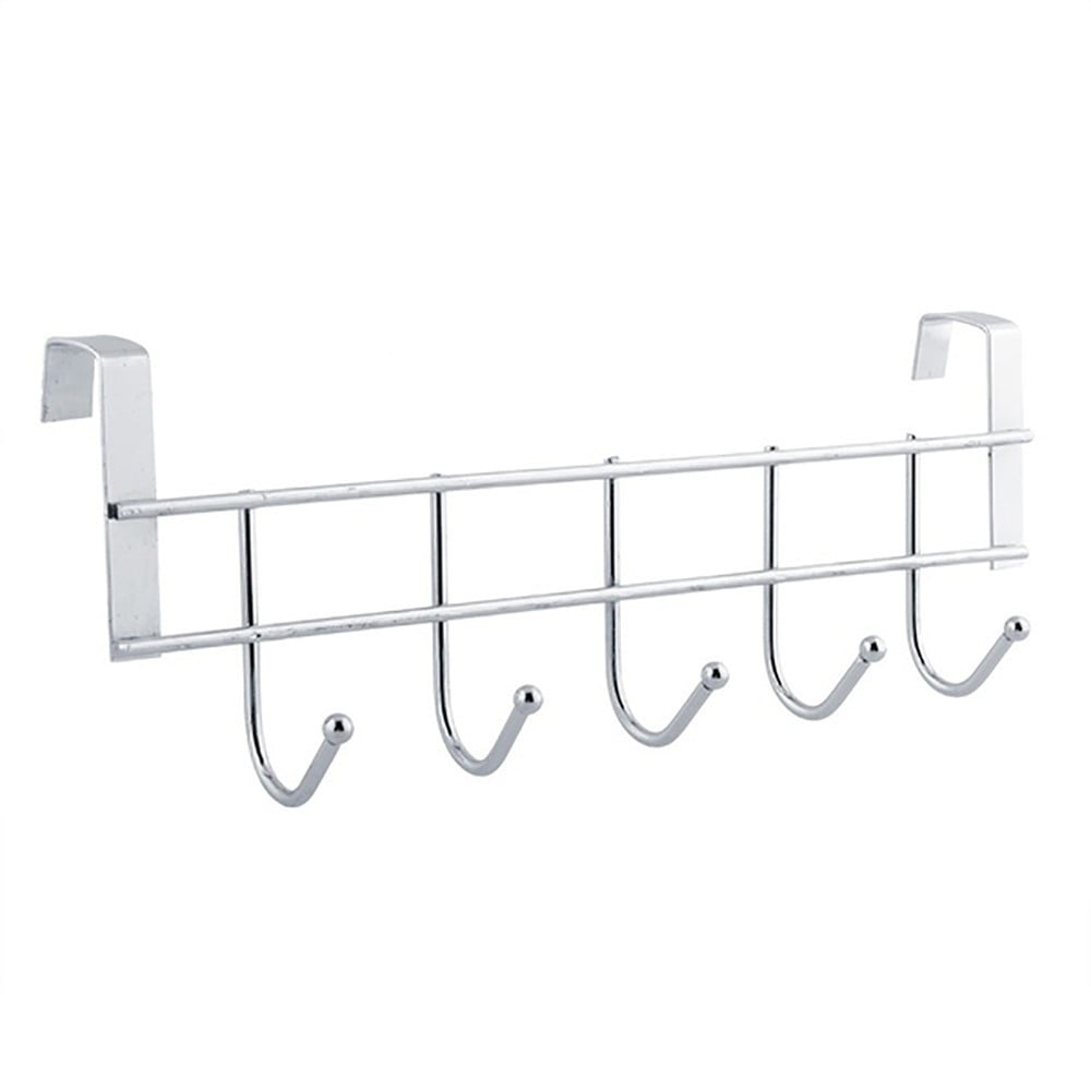 Over The Door Hooks, Door Hanger, Over The Door Towel Rack, Door Coat Towel Hanger Door Coat Rack, No Drilling Metal Hanger with 5 Hooks for Hanging Clothes, Jacket, Hats, 1 Pcs, 9.7x3.5x0.8 17.71" x 11.02" Silver