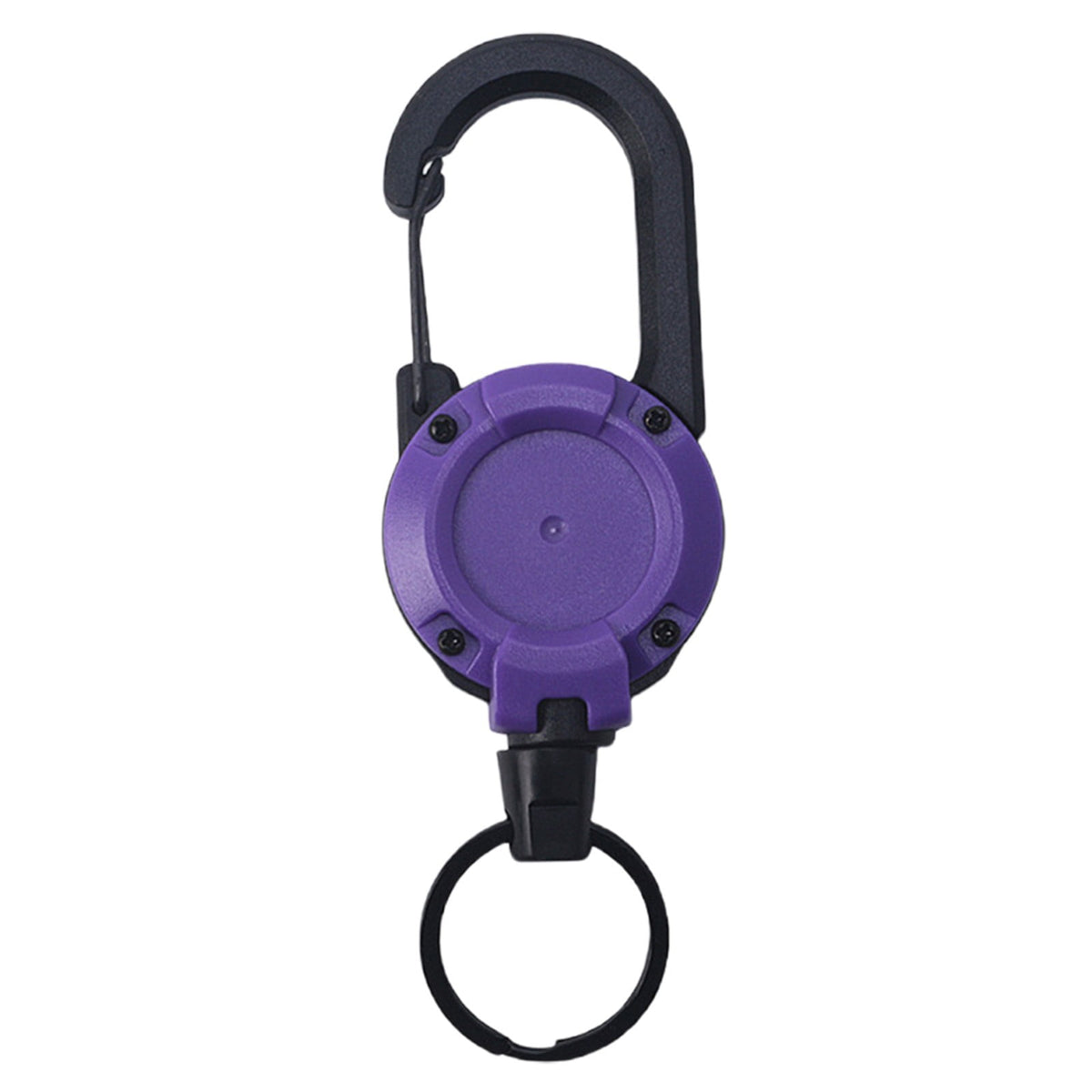 Purple retractable keychain with carabiner clip and extendable key ring.