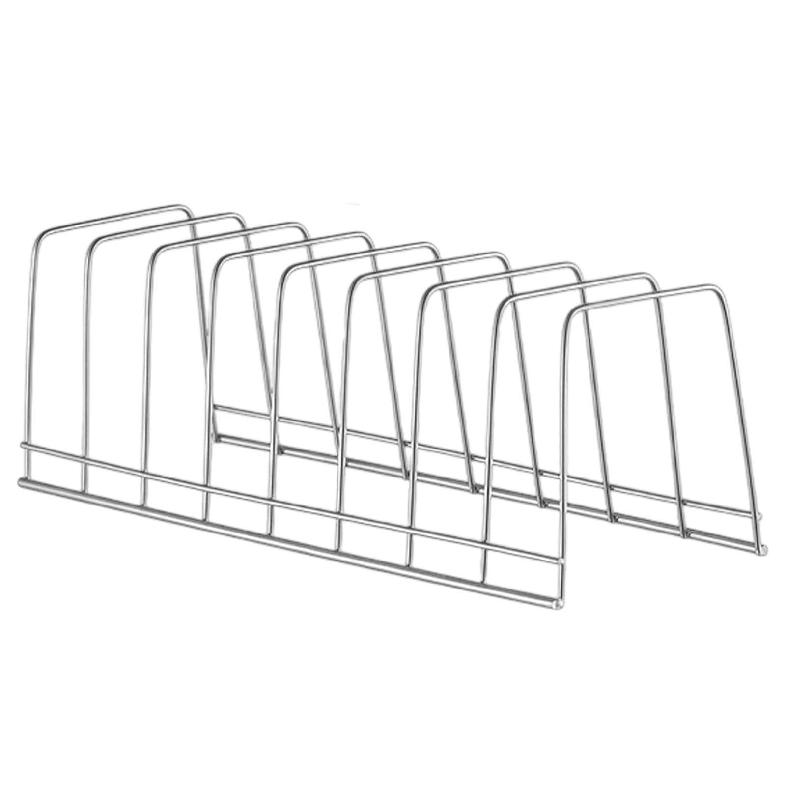 Metal 8-tier pot lid organizer rack for cabinet or pantry storage.
