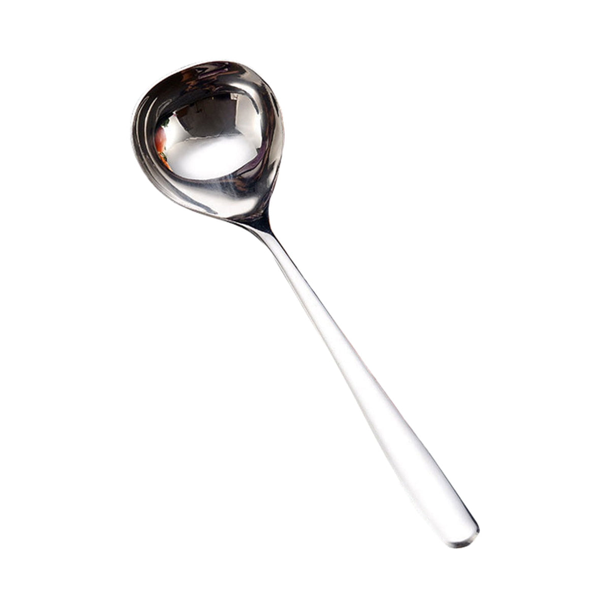 Silver 8-inch stainless steel small ladle with a rounded bowl and ergonomic handle.