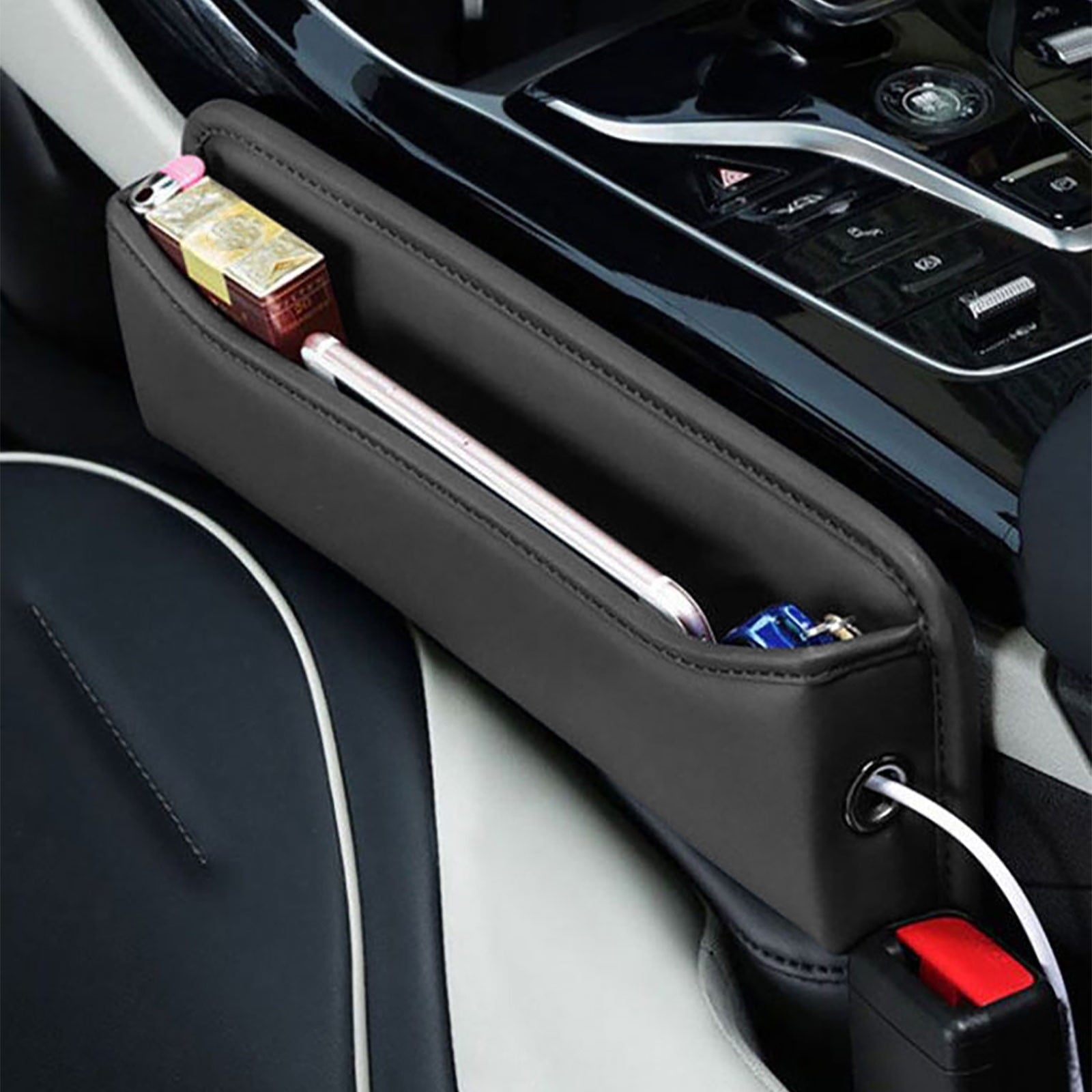 Car Seat Gap Filler, Premium Leather Car Seat Organizer, Universal Fit Car Seat Storage Box, Adjustable Front Seat Gap Filler for Phones, Glasses, Keys, Cards Black