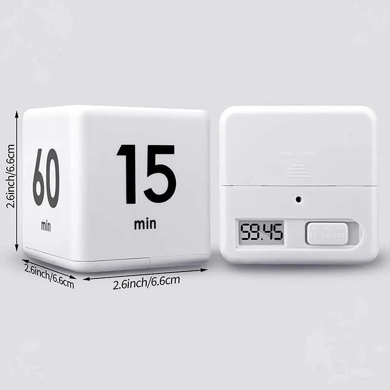 Flip Cube kitchen timer/countdown reminder with a gravity sensor, suitable for kitchens, bedrooms, offices, living rooms, and desks. It facilitates time management and offers timer options of 15, 20, 30, and 60 minutes.