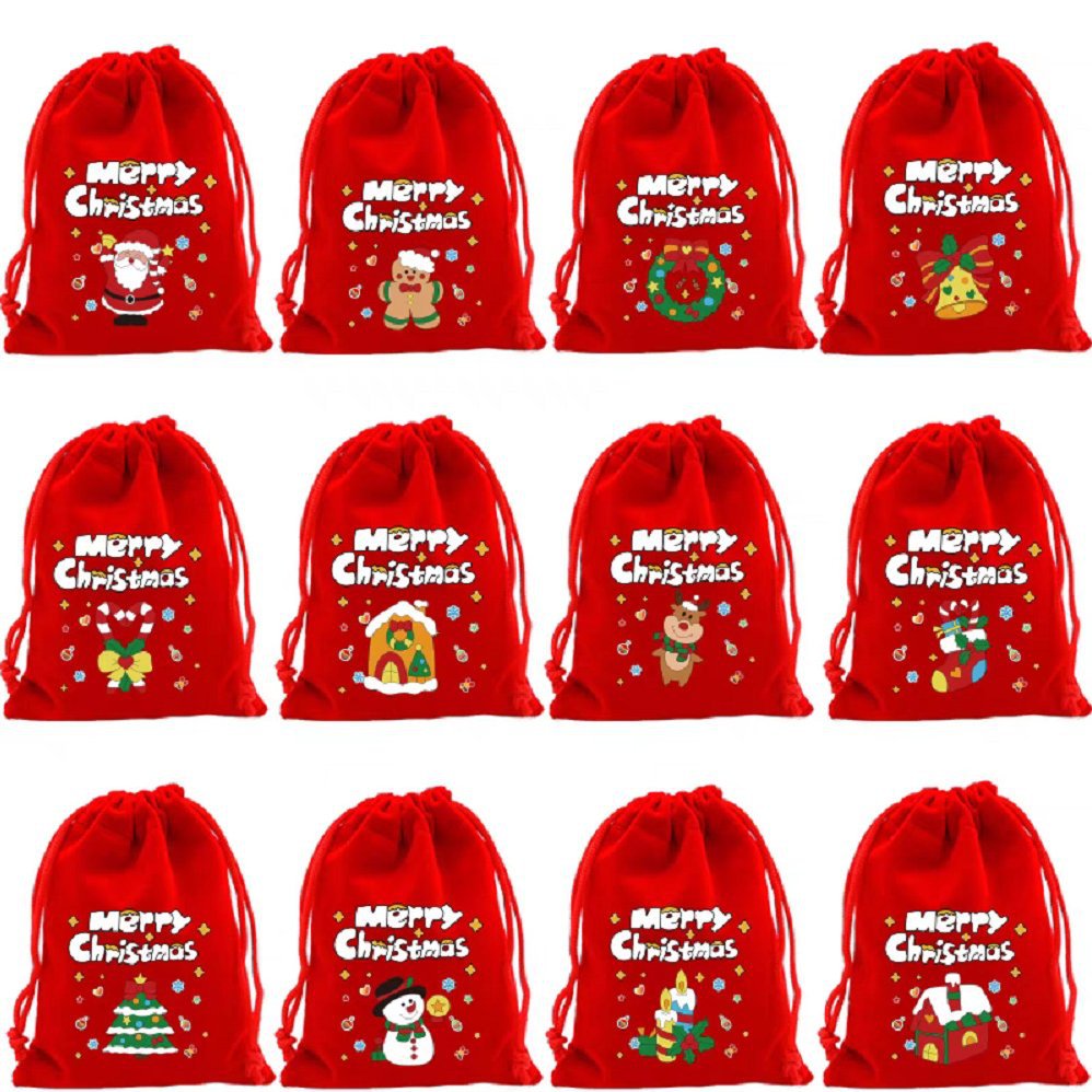 Christmas Gift Bags - Gift Bags - Advent Calendar Bags - Candy Bags - Christmas Packaging - Party Bags - With Drawstring - Reusable - Red - Santa Claus - Snowman - Reindeer - Gift Bags - Christmas Decorations - Holidays - Set of 12