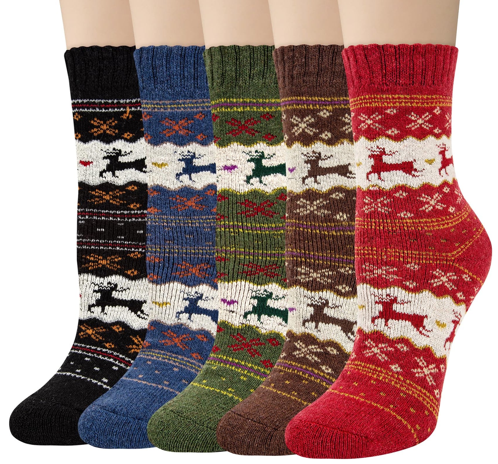 Norwegian Socks - Winter Socks Women - Christmas Socks - Warm Socks - House Socks - Thick Socks - Thermal Socks - Reindeer Motif - Vintage - Retro - Women's Socks - Hiking Socks - Winter Clothing - Multicolor - 5 Pairs