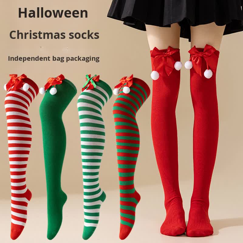 Christmas Socks Women - Overknee Socks - Christmas Knee Socks - Striped Socks - Elf Costume - Santa Claus - Stockings with Bow - Thigh High Stockings - Fancy Dress - Christmas Outfit - Holidays - Long Socks - Christmas Accessories - Multicolor - 5 Pairs