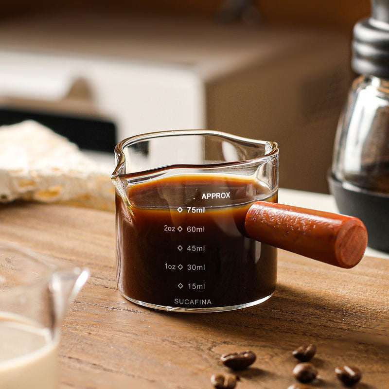 Espresso Measuring Cup - Shot Glass - Milk Jug - Coffee Accessories - Barista Tools - Measuring Cup Glass - Espresso Glasses - Sauce Jug - Measuring Glass - Mini Measuring Cup - Double Spout - Heat Resistant - Wooden Handle - Transparent - 2 Pieces