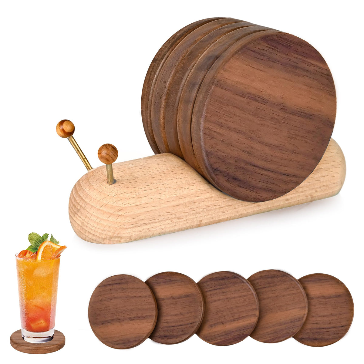 Wooden Coasters - Glass Coasters - Coasters - Coasters with Holder - Table Decoration - Snail - Home Accessories - Glass Coasters - Wooden Decoration - Kitchen Accessories - Design Coasters - Home Gift - Brown - 5 Pieces