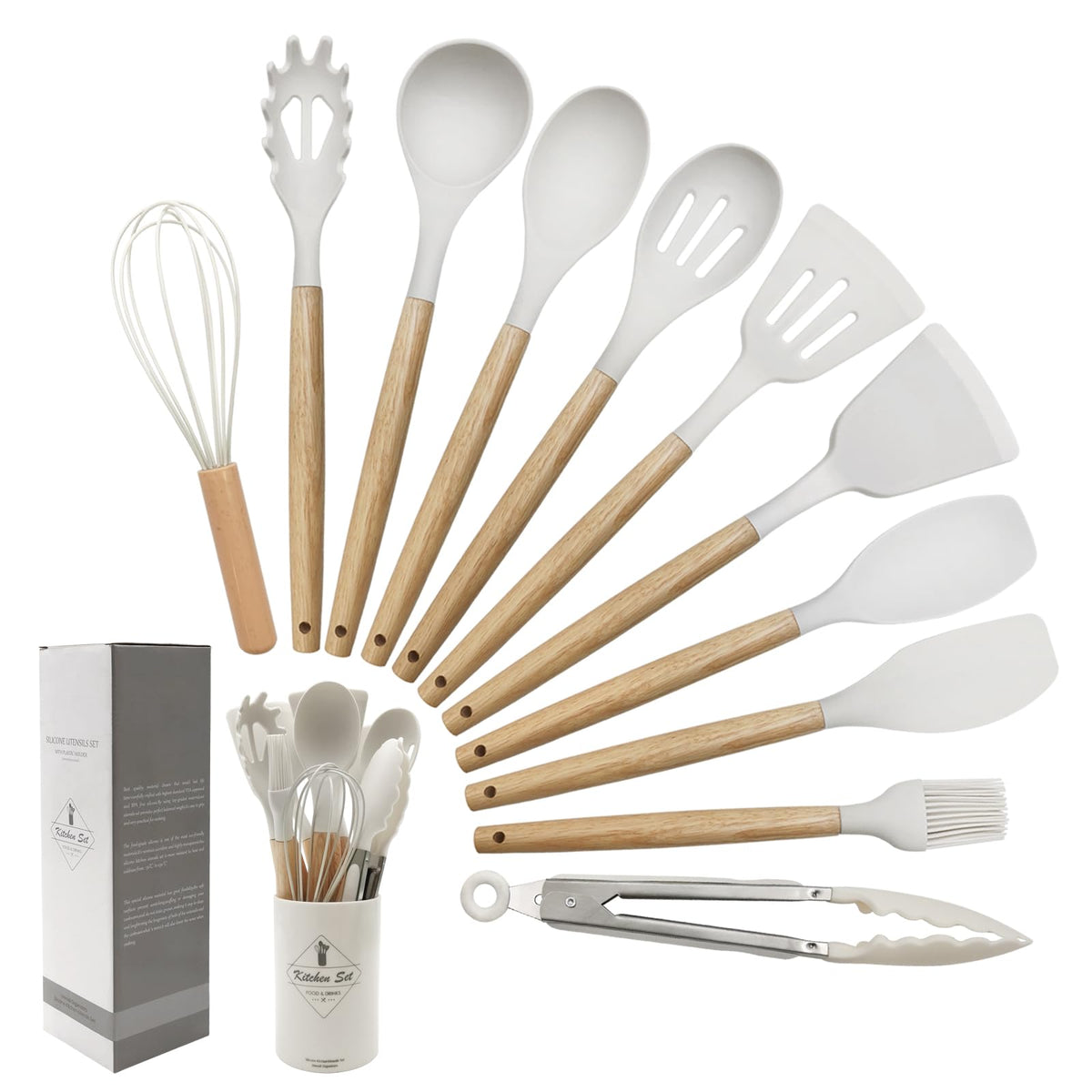 Kitchen Utensil Set - Silicone Spatula Set - Cooking Utensils with Holder - Wooden Spoons - Non-Stick - Pan Scrapers - Heat Resistant - Whisk - Serving Tongs - Baking Utensils - Kitchen Starter Kit - Scratch-Free - White - 12 Pieces