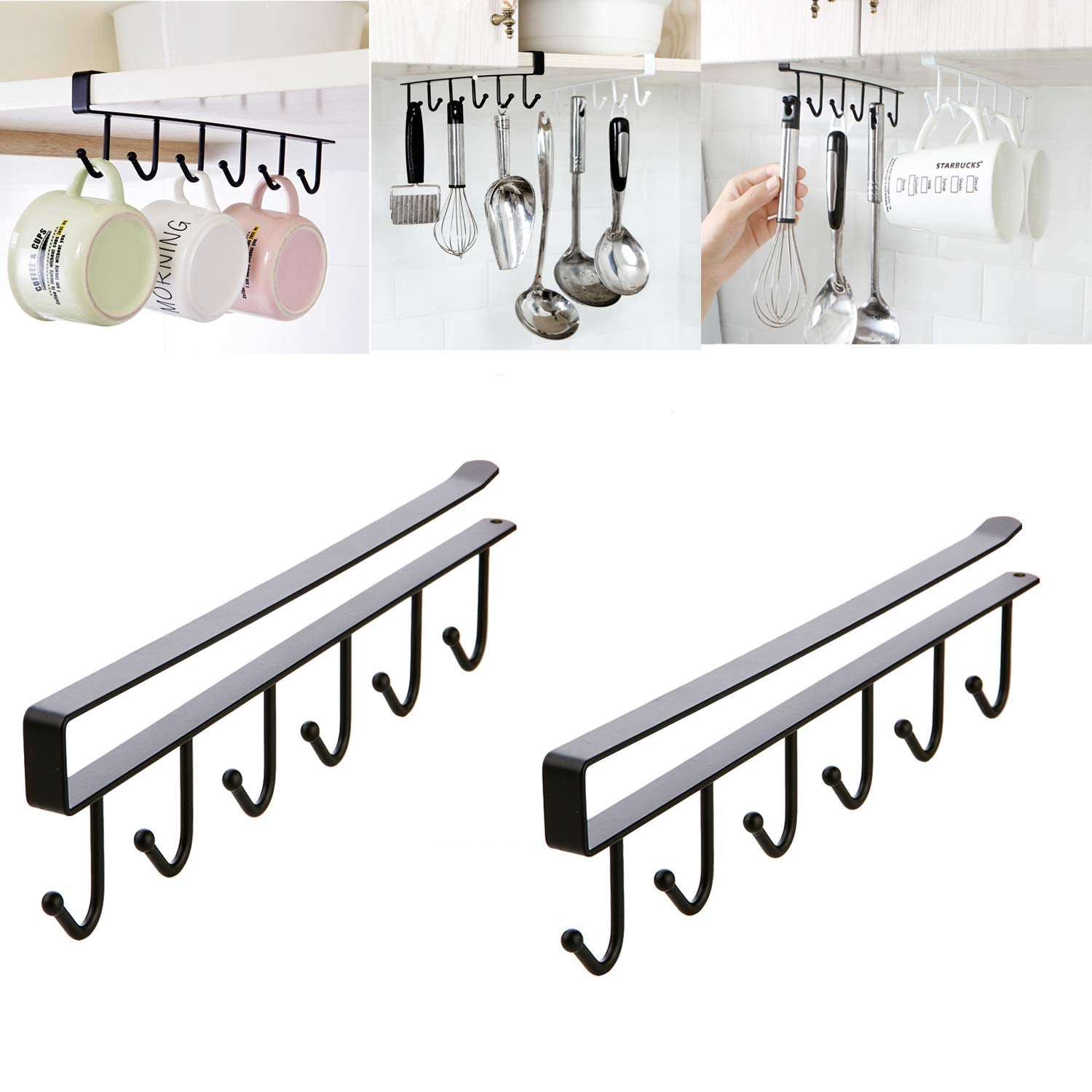 Mug Holder - Hanging Kitchen Rack - Kitchen Organizer - No Drilling Required - Utensil Holder - Cupboard Organizer - Cup Holder - Spatula Holder - Storage Rack - Wardrobe Accessories - Space Saving - Black - 2 Pieces