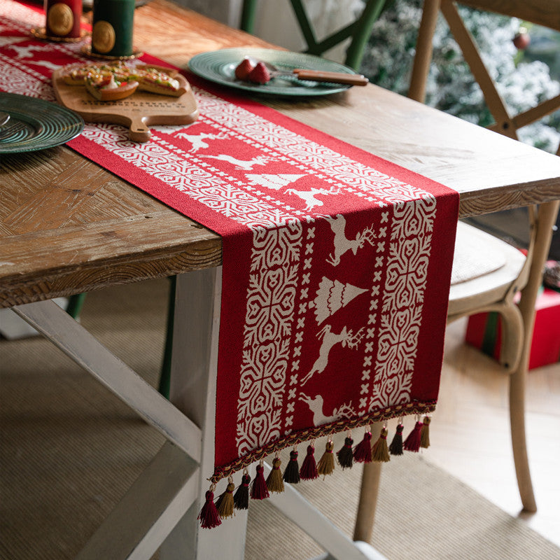 Christmas Table Runner - Christmas Tablecloth - Christmas Table Decoration - Christmas Decoration - Table Decoration - Reindeer - Christmas Tree - Snowflake - Holidays - Luxury Dinner - Winter - 35 x 180 cm - Red White - 1 Piece