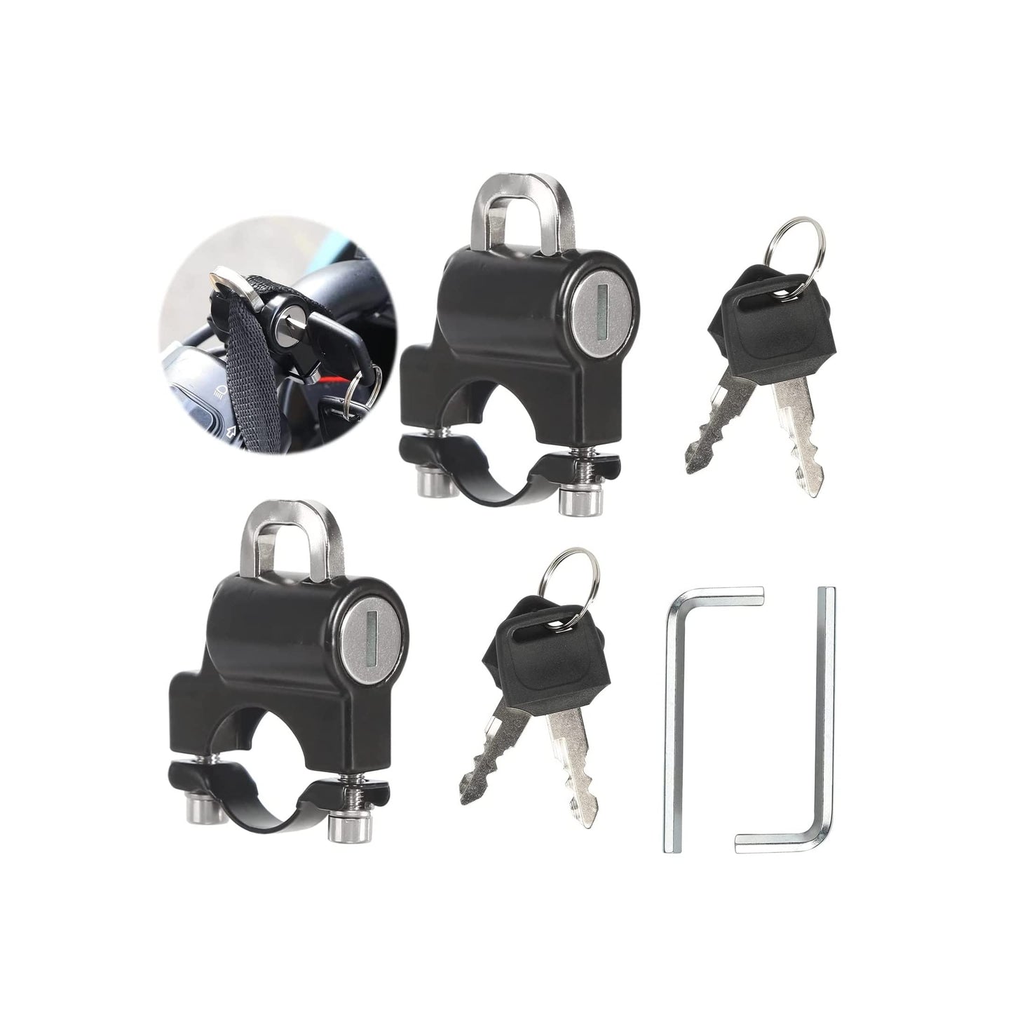 Helmet Lock Motorcycle & Scooter - Universal Helmet Lock - 22-25mm Handlebar Mount - Anti-Theft - Helmet Holder - Motorcycle Accessories - Moped Lock - Security Lock with Key - Easy Installation - Helmet Security - Metal - Black - Set of 2