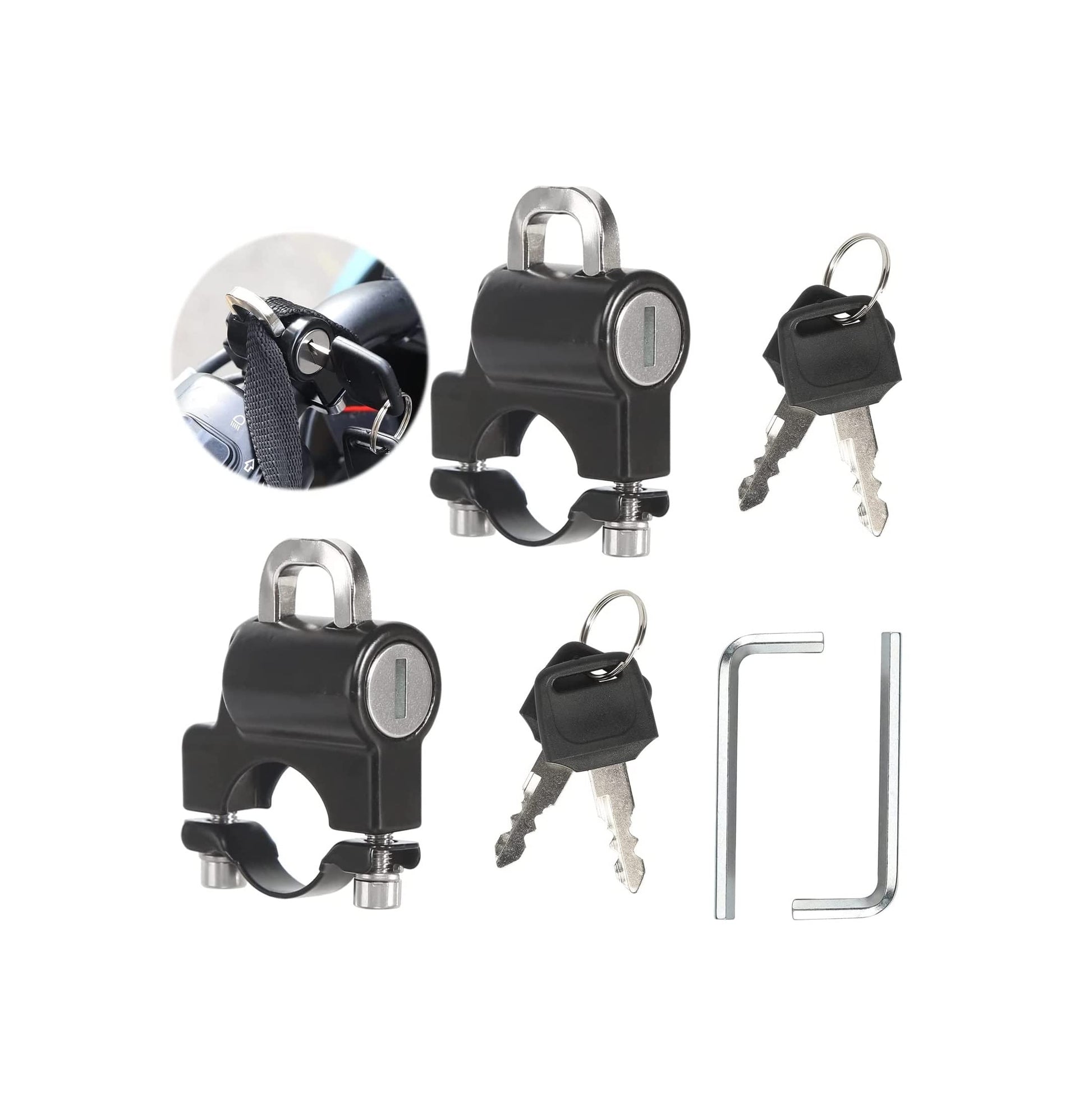 Helmet Lock Motorcycle & Scooter - Universal Helmet Lock - 22-25mm Handlebar Mount - Anti-Theft - Helmet Holder - Motorcycle Accessories - Moped Lock - Security Lock with Key - Easy Installation - Helmet Security - Metal - Black - Set of 2