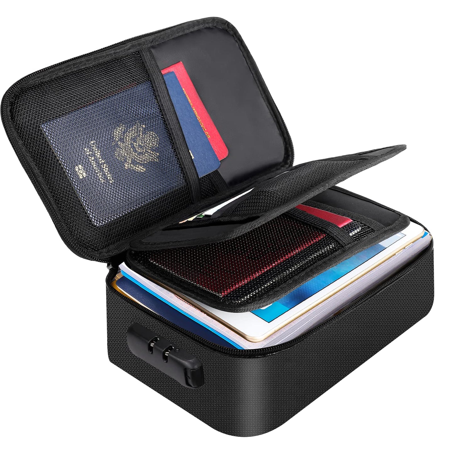 Document Organizer - Storage Bag with Combination Lock - Travel Folder - Documents - Passport Holder - Office Supplies - Security Bag - Water-Repellent - Tablet Storage - Administration - Holiday Accessories - Briefcase - Black - 1 Piece