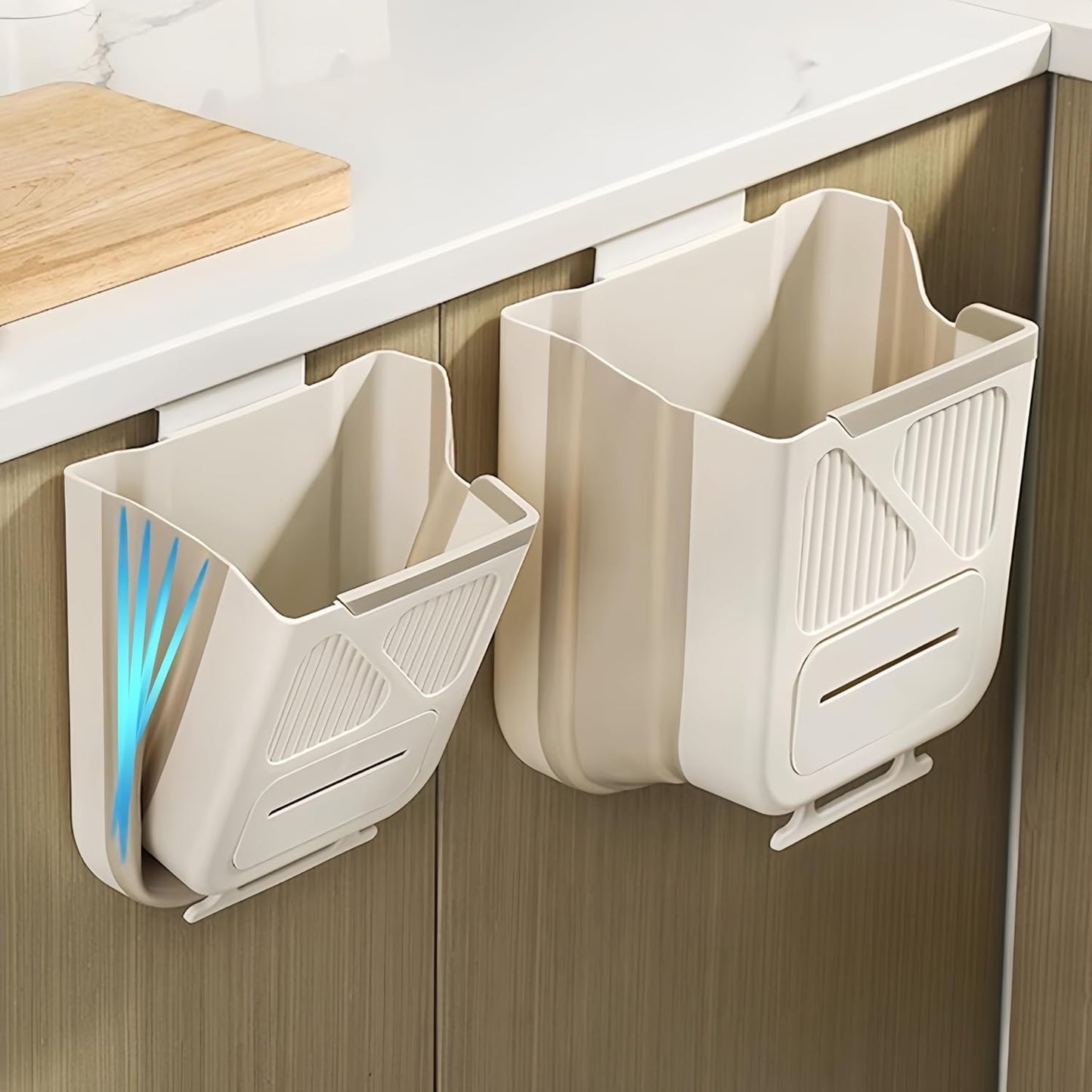 Hanging Waste Bin - Foldable Waste Bin - Kitchen Accessories - Organic Waste Bin - Countertop Waste Bin - Cabinet Door Waste Bin - Waste Separation - Camping - Caravan - Kitchen Aid - Space Saving - Trash Can - Waste Basket - Beige - 10L - 1 Piece