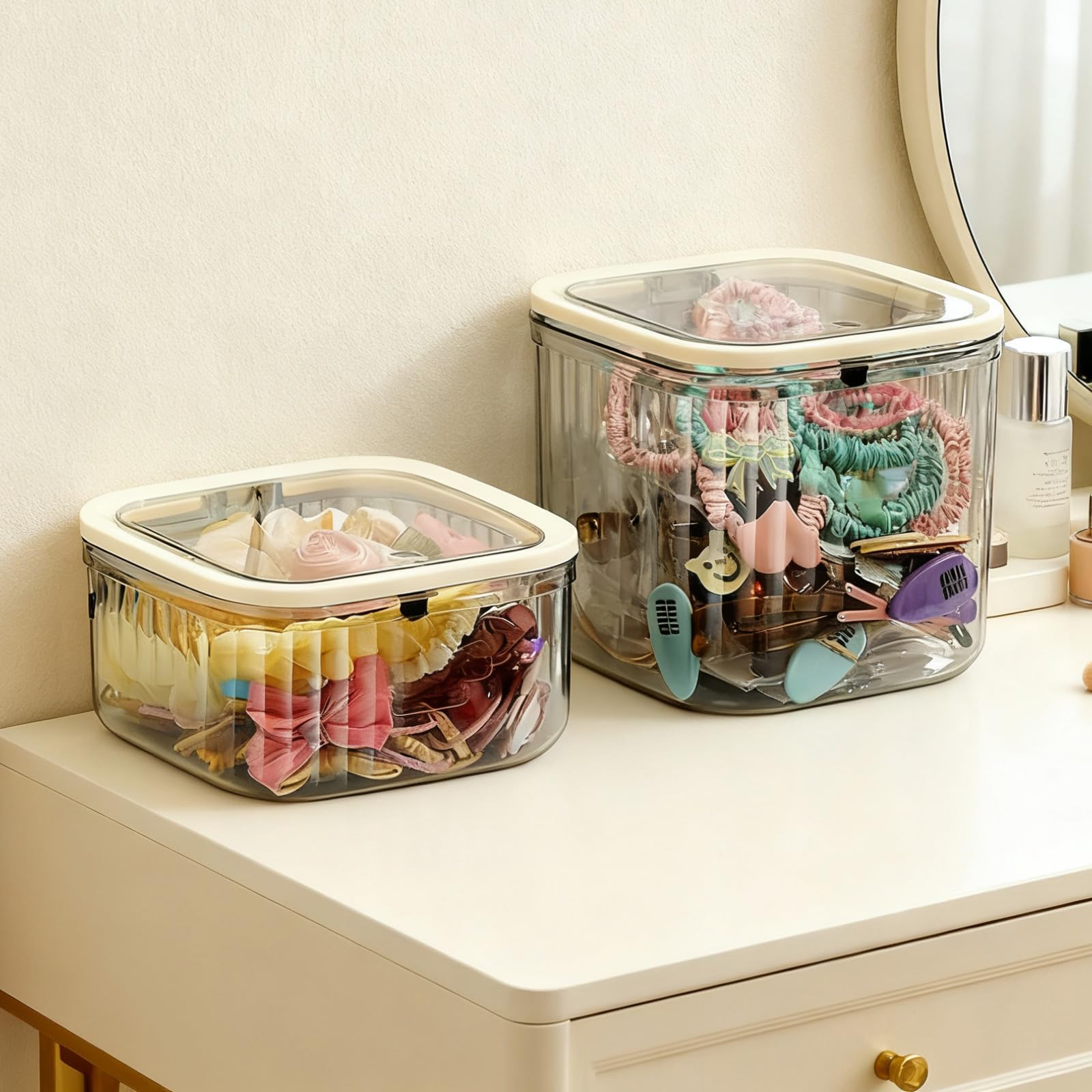 Makeup Organizer - Storage Box with Lid - Jewelry Box - Bathroom Accessories - Cosmetics Storage - Hair Accessories - Storage Box - Storage Containers - Toilet Organizer - Acrylic - Transparent - Set of 2