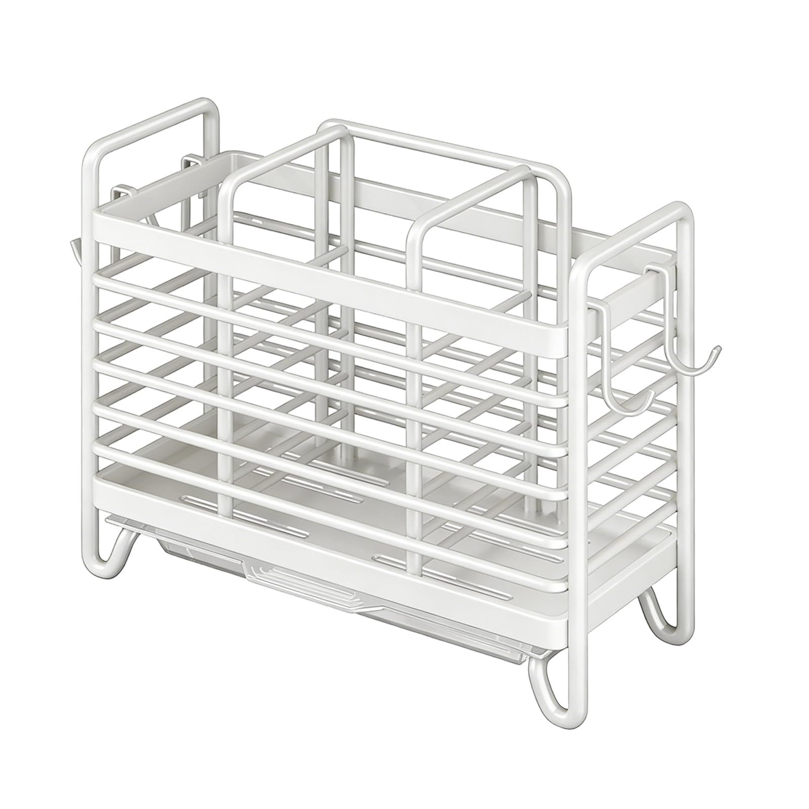 Cutlery Holder - Kitchen Organizer - Cutlery Tray - Countertop Organizer - Utensil Holder - Cutlery Rack - Cutlery Drainer - Spoon Holder - Drying Rack - Kitchen Accessories - With Drip Tray and Hooks - Metal - White - 1 Piece