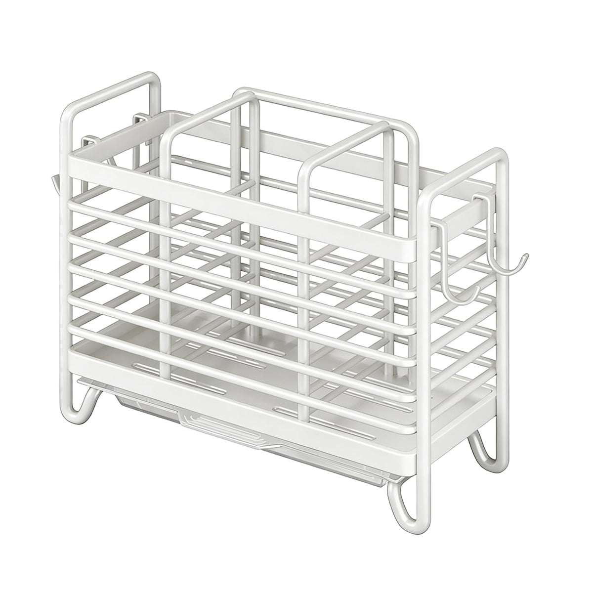 Cutlery Holder - Kitchen Organizer - Cutlery Tray - Countertop Organizer - Utensil Holder - Cutlery Rack - Cutlery Drainer - Spoon Holder - Drying Rack - Kitchen Accessories - With Drip Tray and Hooks - Metal - White - 1 Piece