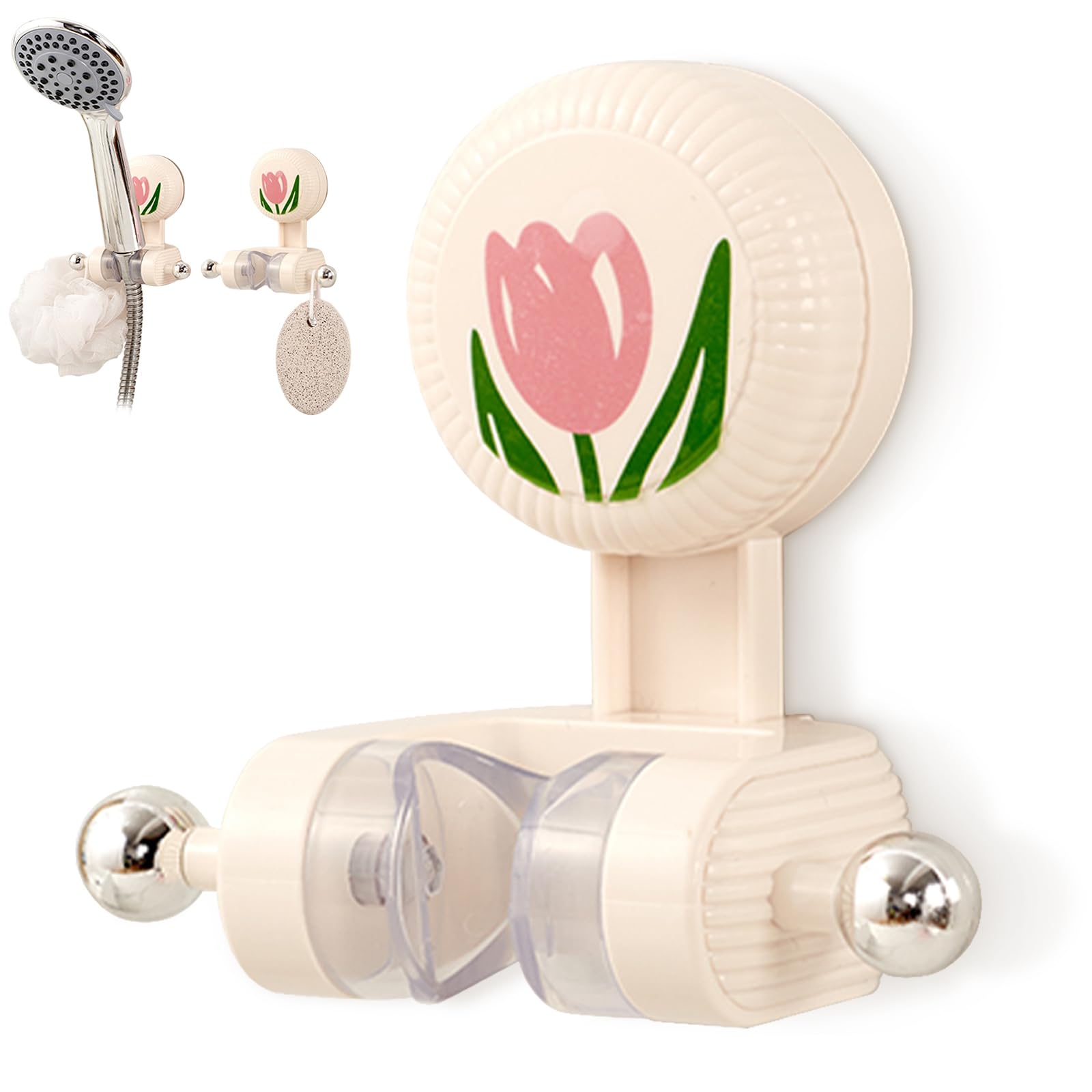 Shower Head Holder - Shower Head Holder - Hand Shower Holder - Bathroom Accessories - Shower Holder - Bathroom Organizer - Hanging System - Wall Bracket - Shower Head Mount - With Hooks - Tulip Design - Self-Adhesive Without Drilling - Beige With Pink - 1