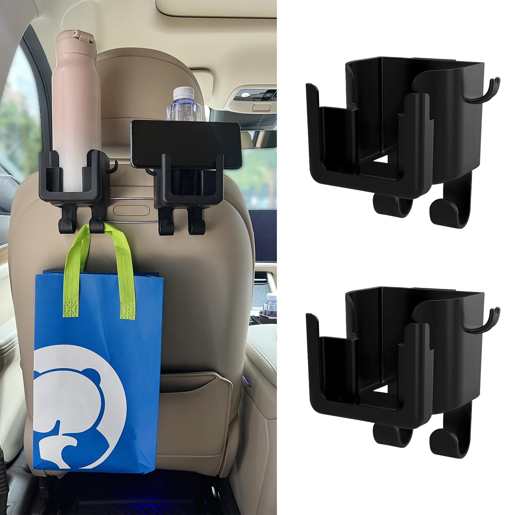 Car Hook - Car Organizer - Car Cup Holder - Car Phone Holder Backseat - Headrest Hooks - Bag Holder - Clothes Hanger - Car Accessories Interior - Car Gadgets - Storage - Travel Accessories - Multifunctional - Black - 2 Pieces