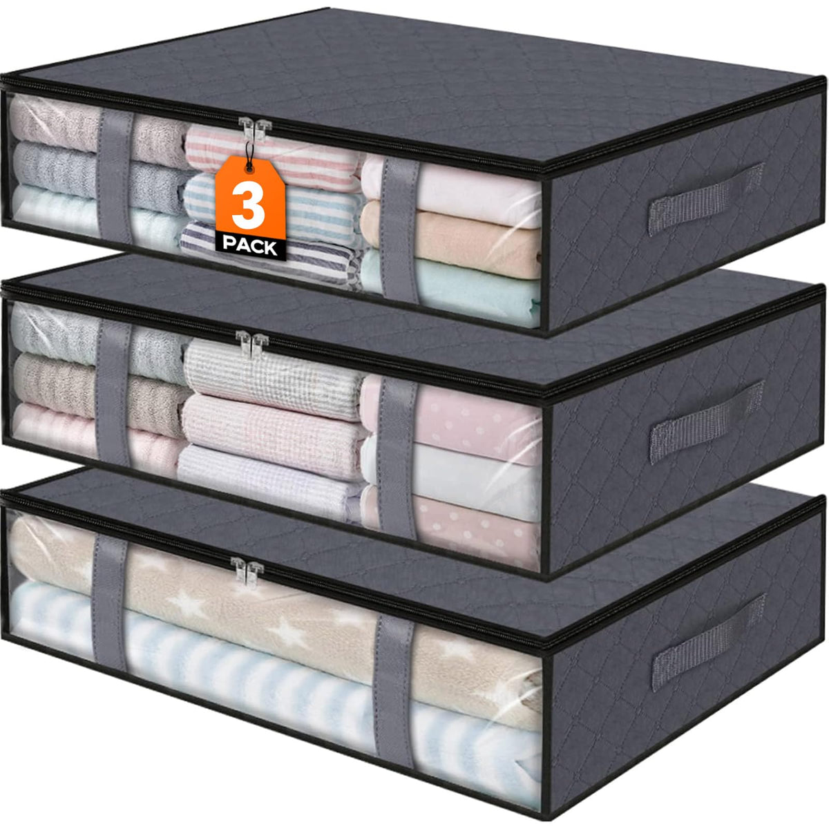 Clothing Storage Bag - Underbed Storage Box - Wardrobe Organizer - Duvet Storage Bag - Large Textile Storage Box - Foldable Storage Bags - Bedding Basket - Clothing Storage - Pillow Bag - Underbed Box Fabric - Storage - Gray - 3 Pieces