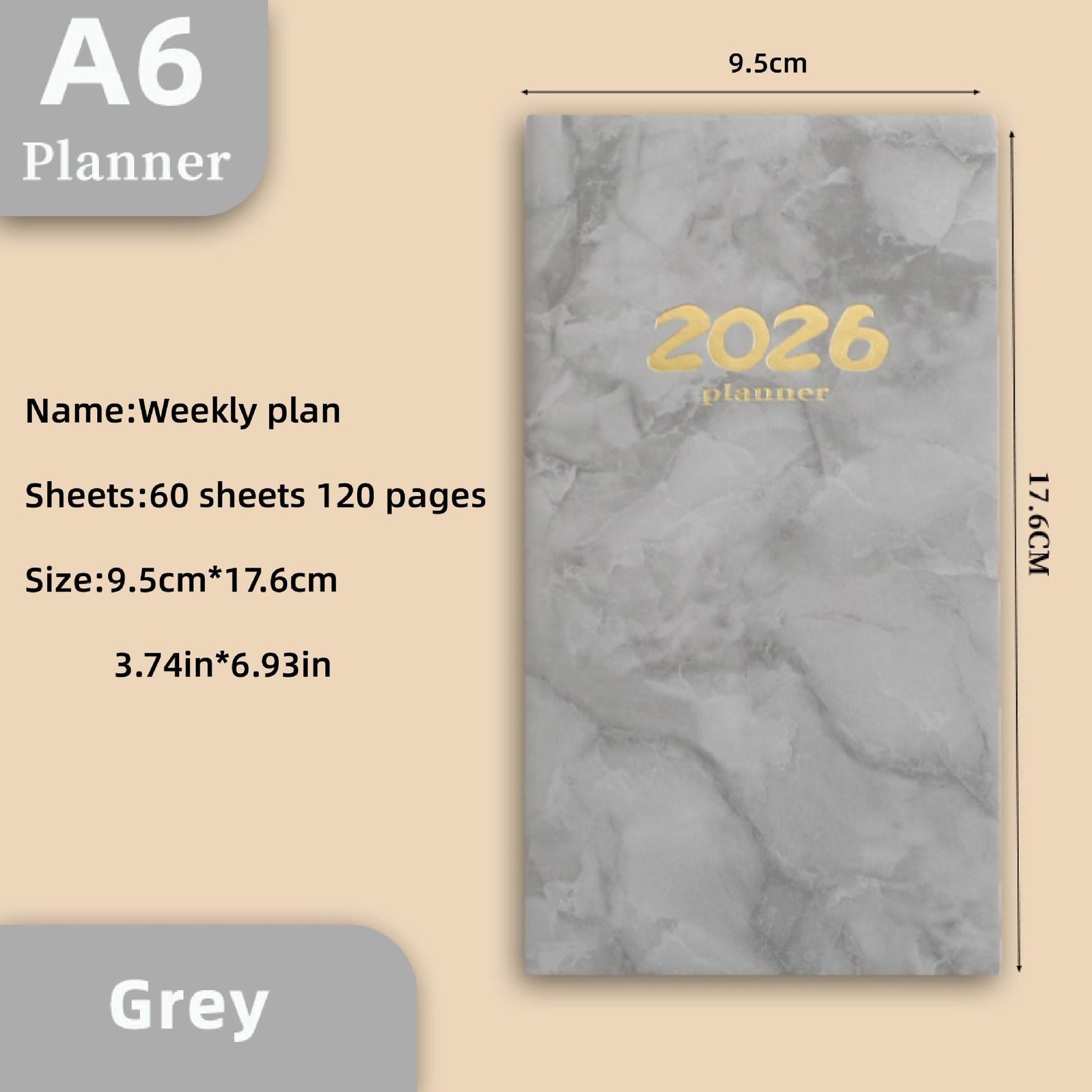 Pocket diary 2026 - A6 diary - Weekly planner - Yearly planner - Organizer - Planner book - 2026 diary for women - School diary - Weekly diary - Compact diary - Diary - Planning tool - Small diary - Marble design - Gray - 1 piece