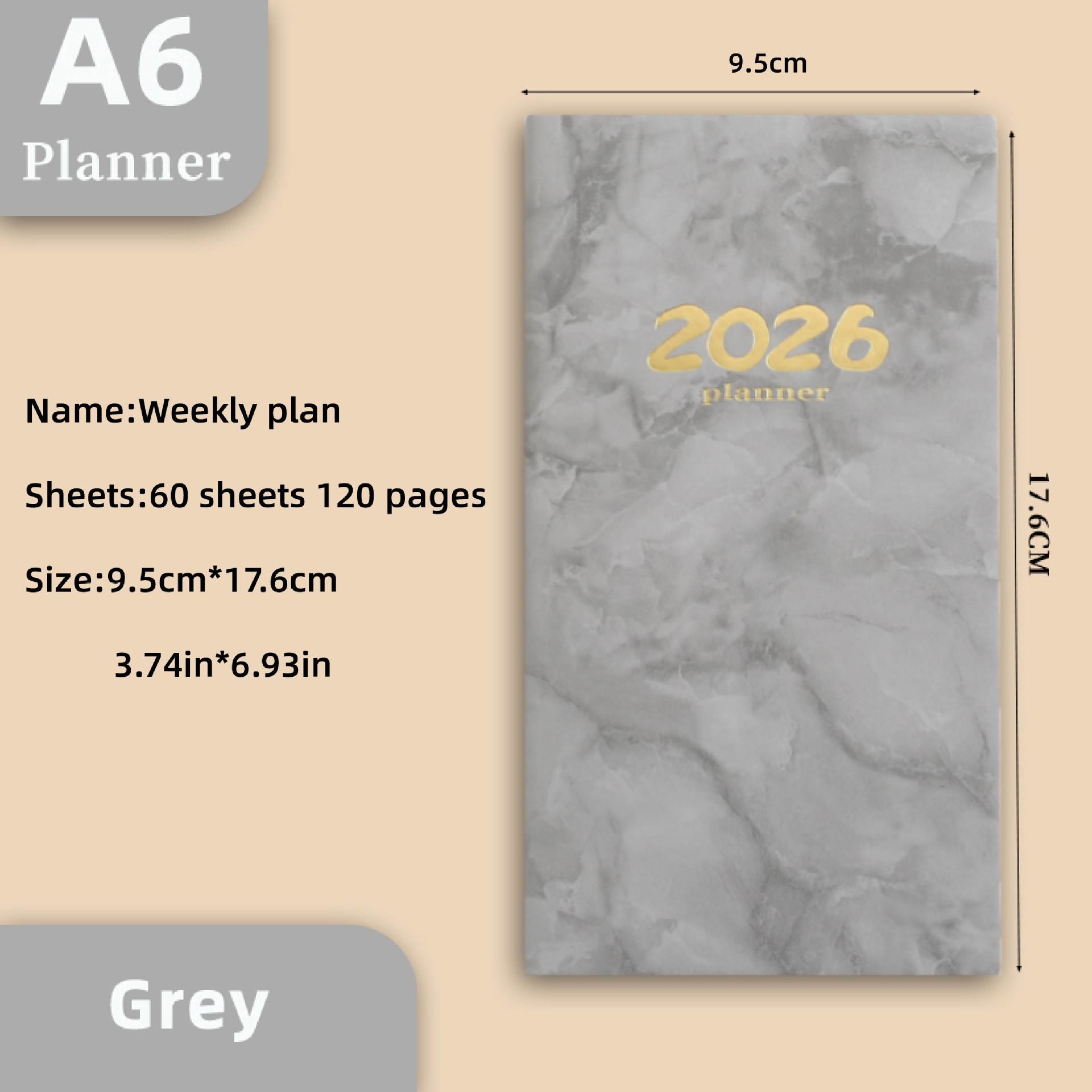 Pocket diary 2026 - A6 diary - Weekly planner - Yearly planner - Organizer - Planner book - 2026 diary for women - School diary - Weekly diary - Compact diary - Diary - Planning tool - Small diary - Marble design - Gray - 1 piece