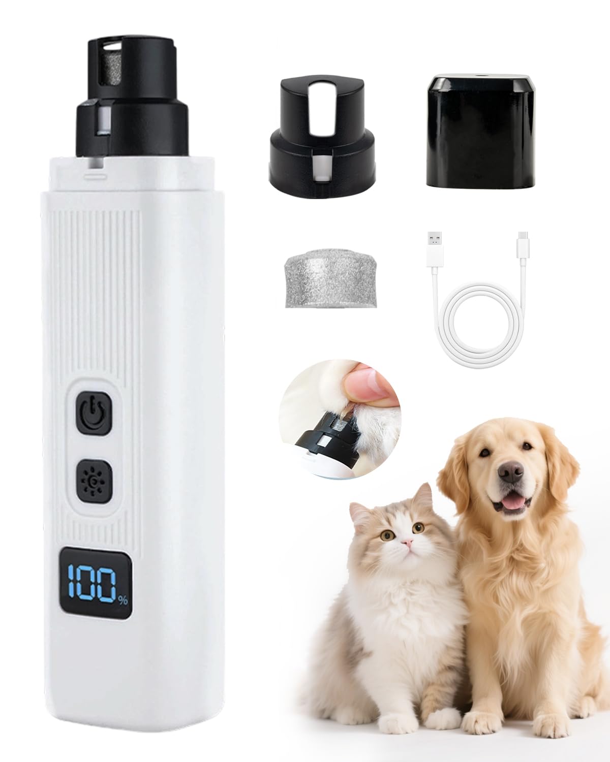 Dog Nail Drill - Electric Nail File - Cat Nail Trimmer - Pet Care - Paw Care - Nail Grinder - Dog Groomer - Animal Nail File - Cordless Design - Rechargeable Battery - With LED Lighting - Silent Motor - White - 1 Piece